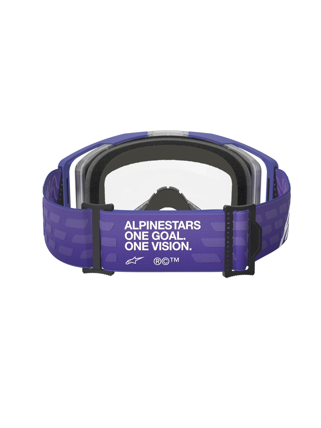 Alpinestars Vision 8 Corp Goggles, occhiali da motocross, viola trasparente, vista posteriore che mostra la fascia viola con il marchio 'ALPINESTARS ONE GOAL. ONE VISION.', lente trasparente e imbottitura in schiuma nera, equipaggiamento da gara fuoristrada