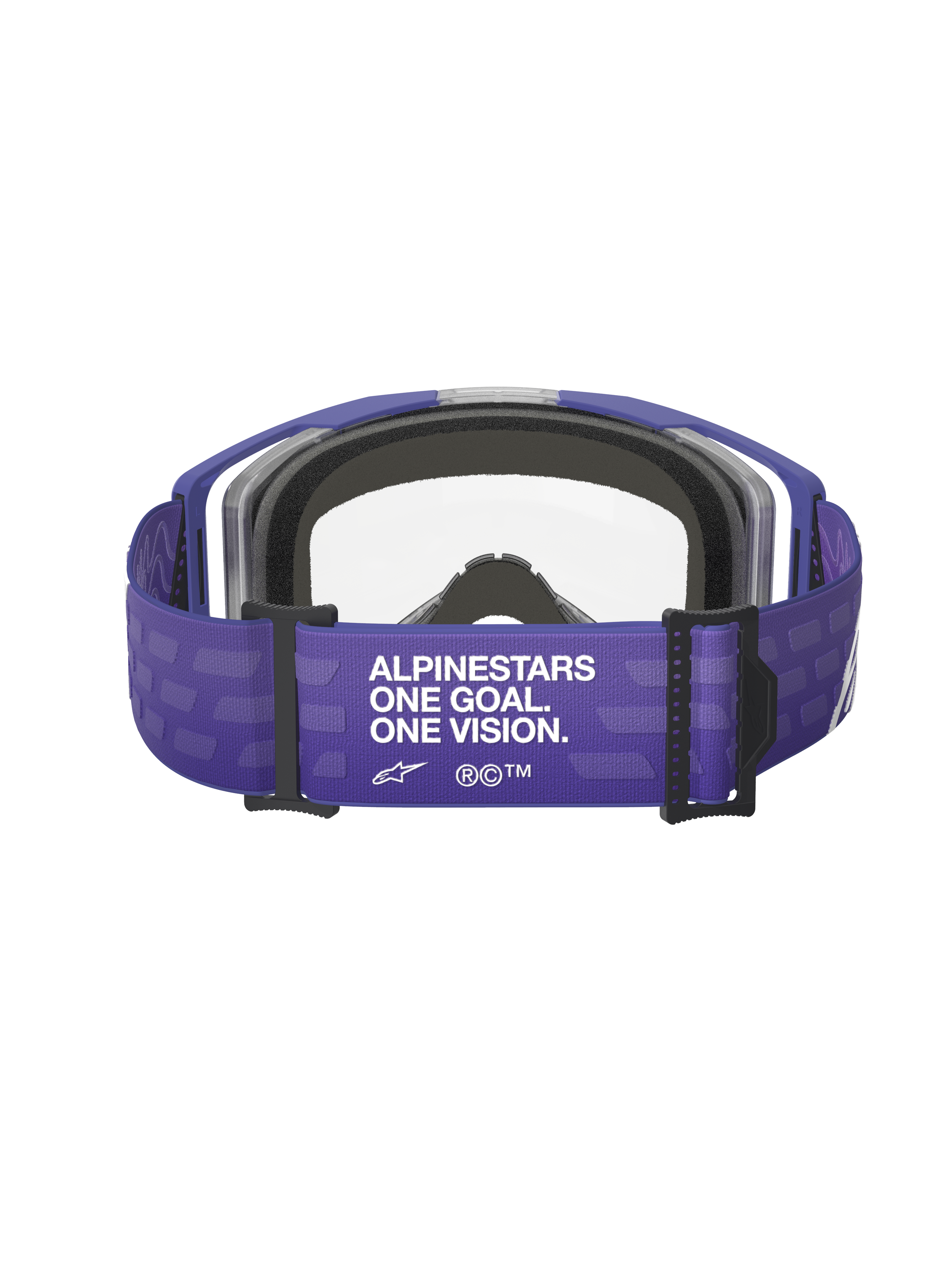 Alpinestars Vision 8 Corp Goggles, occhiali da motocross, viola trasparente, vista posteriore che mostra la fascia viola con il marchio 'ALPINESTARS ONE GOAL. ONE VISION.', lente trasparente e imbottitura in schiuma nera, equipaggiamento da gara fuoristrada
