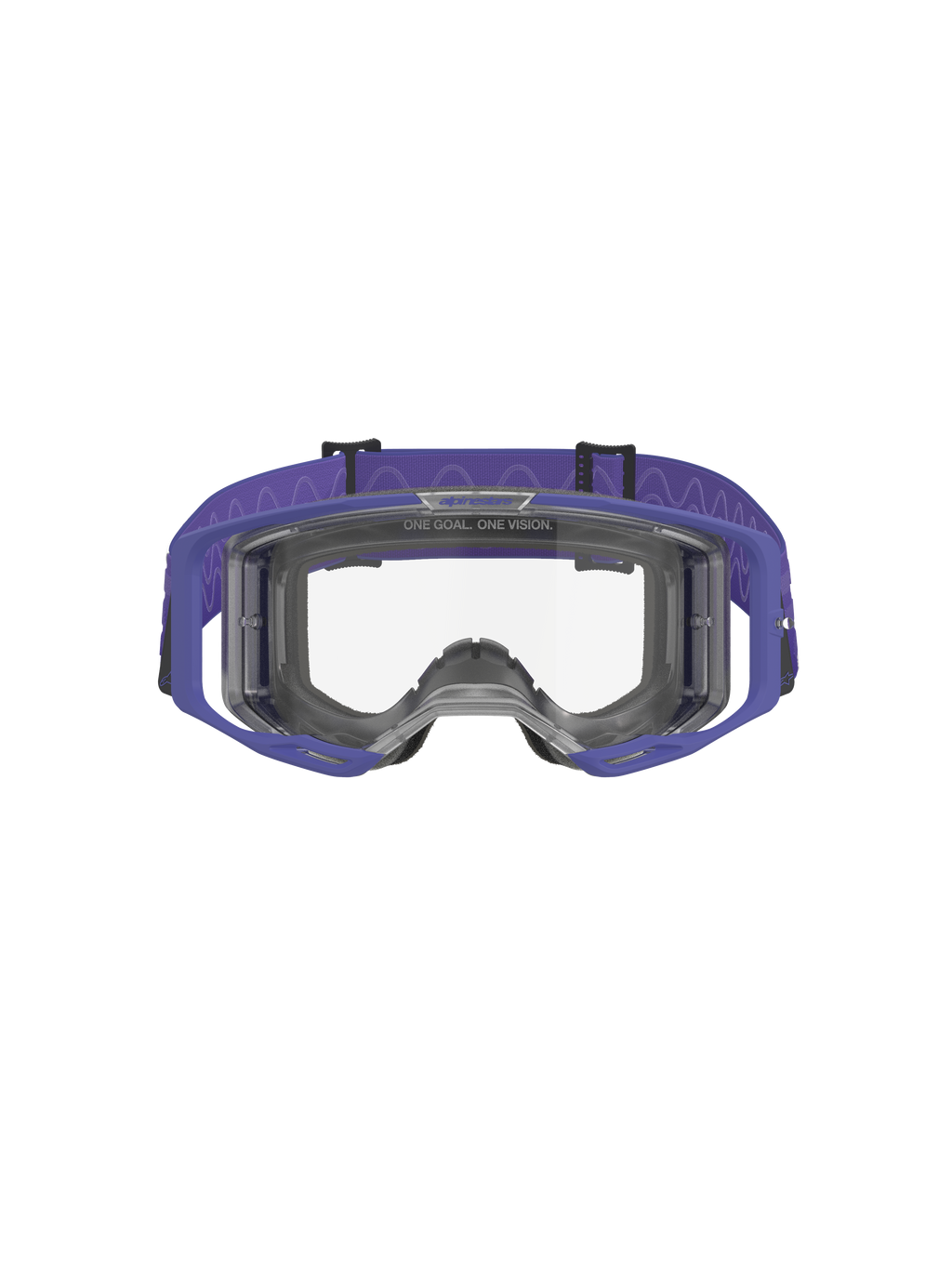 Alpinestars Vision 8 Corp Goggles, occhiali da motocross, viola e trasparenti, caratterizzati da un telaio A-FLEX viola, lente antiappannamento trasparente e un'ampia fascia viola con motivo a onde, protezione oculare ad alte prestazioni per competizioni fuoristrada