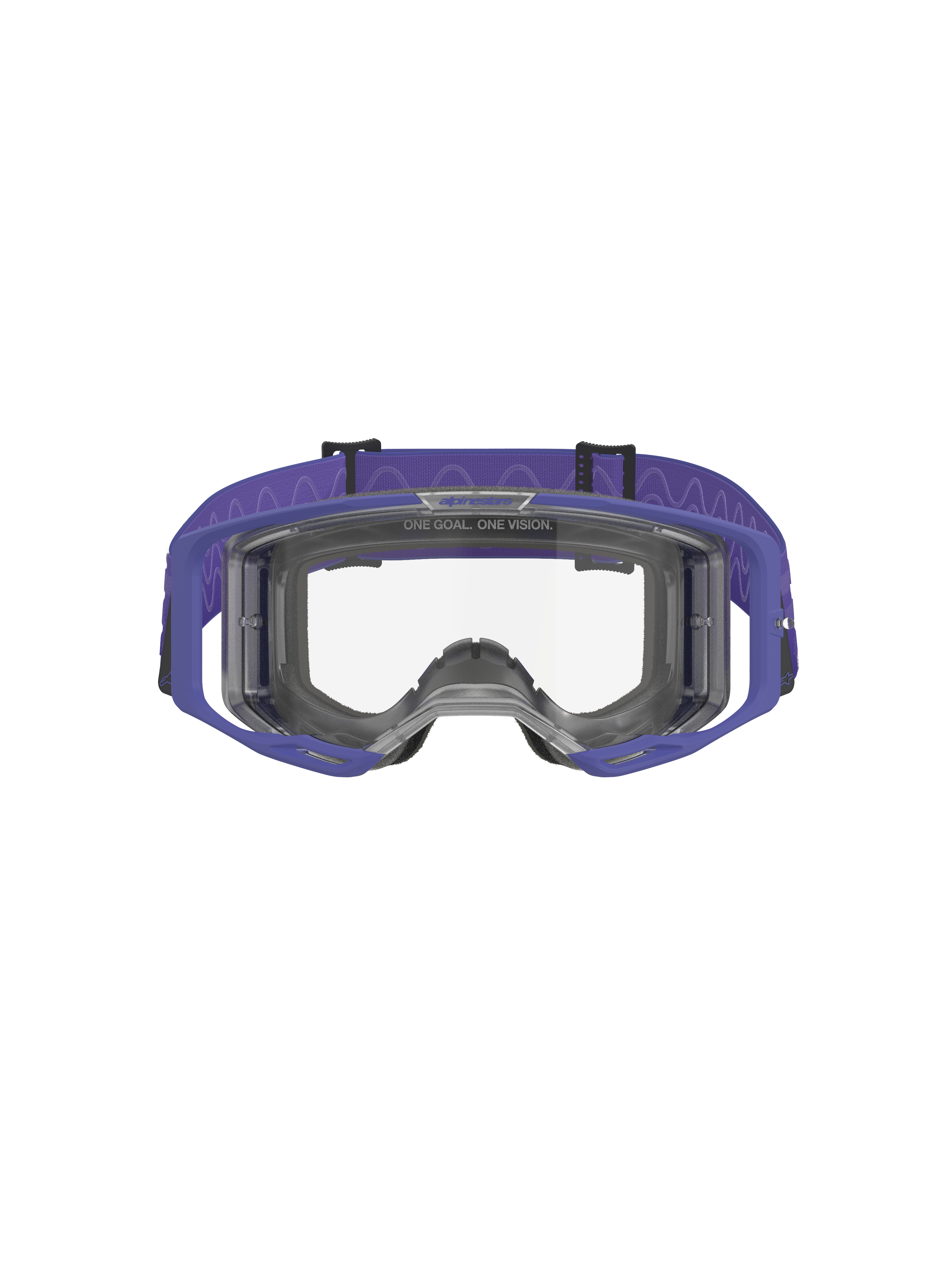 Alpinestars Vision 8 Corp Goggles, occhiali da motocross, viola e trasparenti, caratterizzati da un telaio A-FLEX viola, lente antiappannamento trasparente e un'ampia fascia viola con motivo a onde, protezione oculare ad alte prestazioni per competizioni fuoristrada