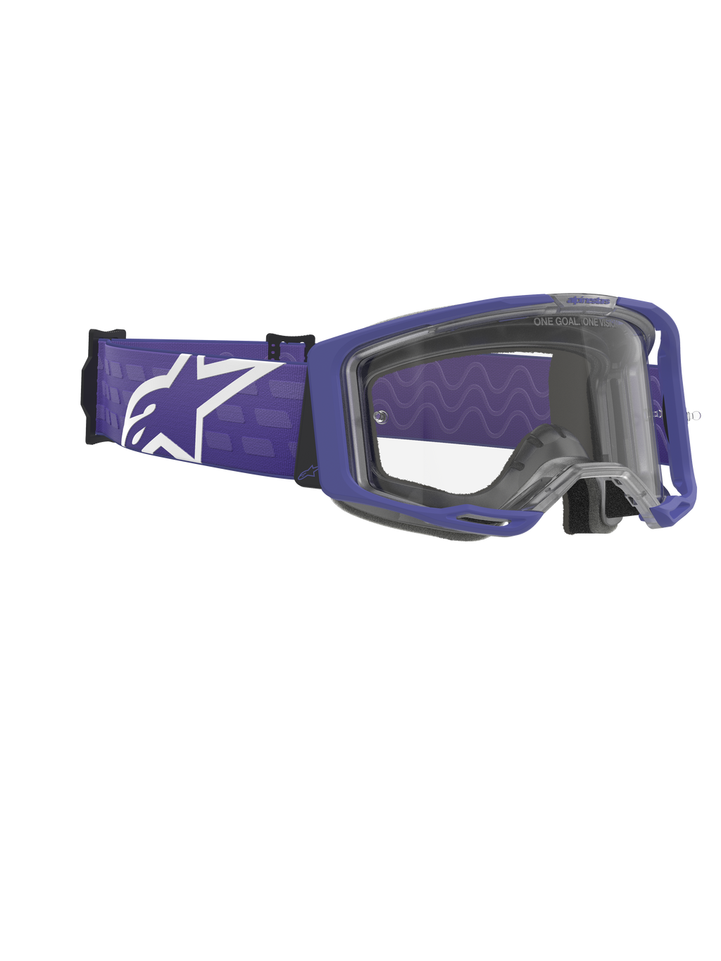 Maschere Alpinestars Vision 8 Corp, occhiali da motocross, viola e trasparente, montatura viola opaco con lente trasparente, ampia fascia intrecciata viola con grande logo Alpinestars bianco, occhiali off-road ad alte prestazioni