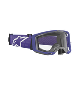 Maschere Alpinestars Vision 8 Corp, occhiali da motocross, viola e trasparente, montatura viola opaco con lente trasparente, ampia fascia intrecciata viola con grande logo Alpinestars bianco, occhiali off-road ad alte prestazioni