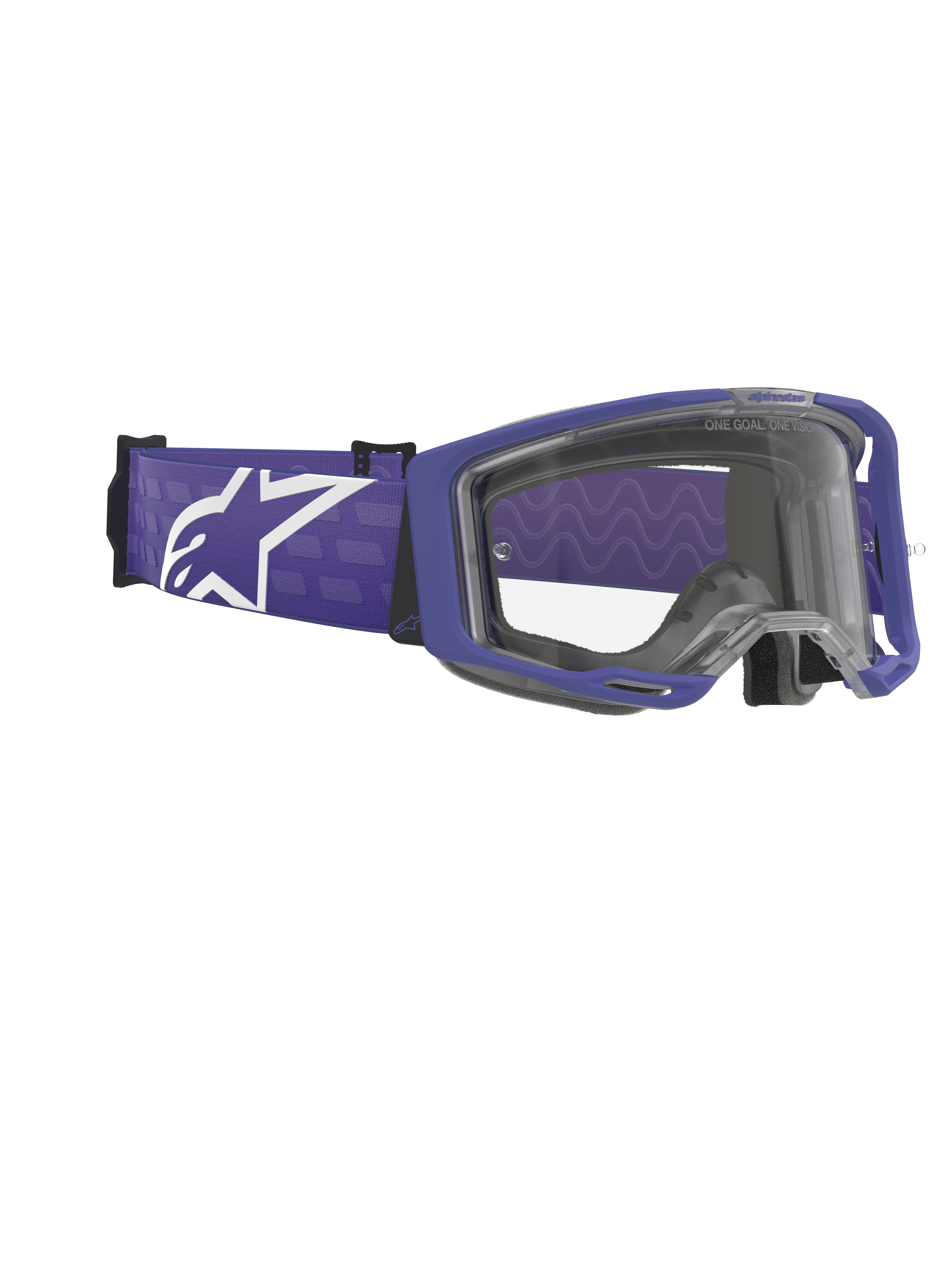 Maschere Alpinestars Vision 8 Corp, occhiali da motocross, viola e trasparente, montatura viola opaco con lente trasparente, ampia fascia intrecciata viola con grande logo Alpinestars bianco, occhiali off-road ad alte prestazioni