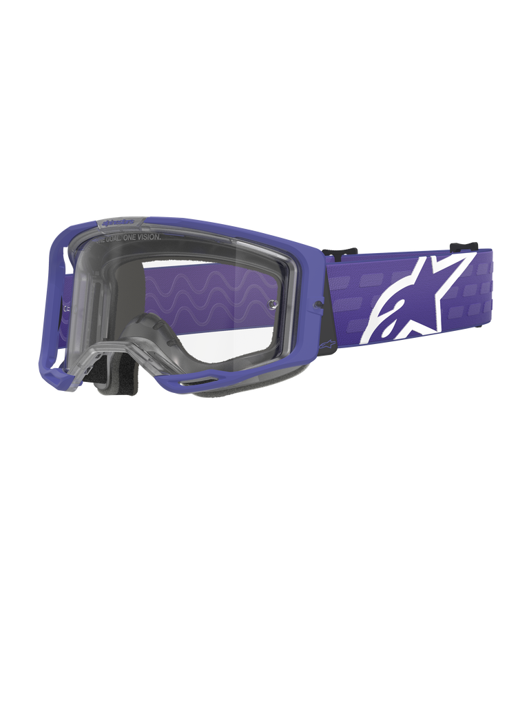 Alpinestars Vision 8 Corp Goggles, maschera da motocross, viola e trasparente, con telaio viola A-FLEX e lente trasparente, fascia viola con grande logo a stella bianco, ampio campo visivo, progettata per prestazioni nelle corse fuoristrada