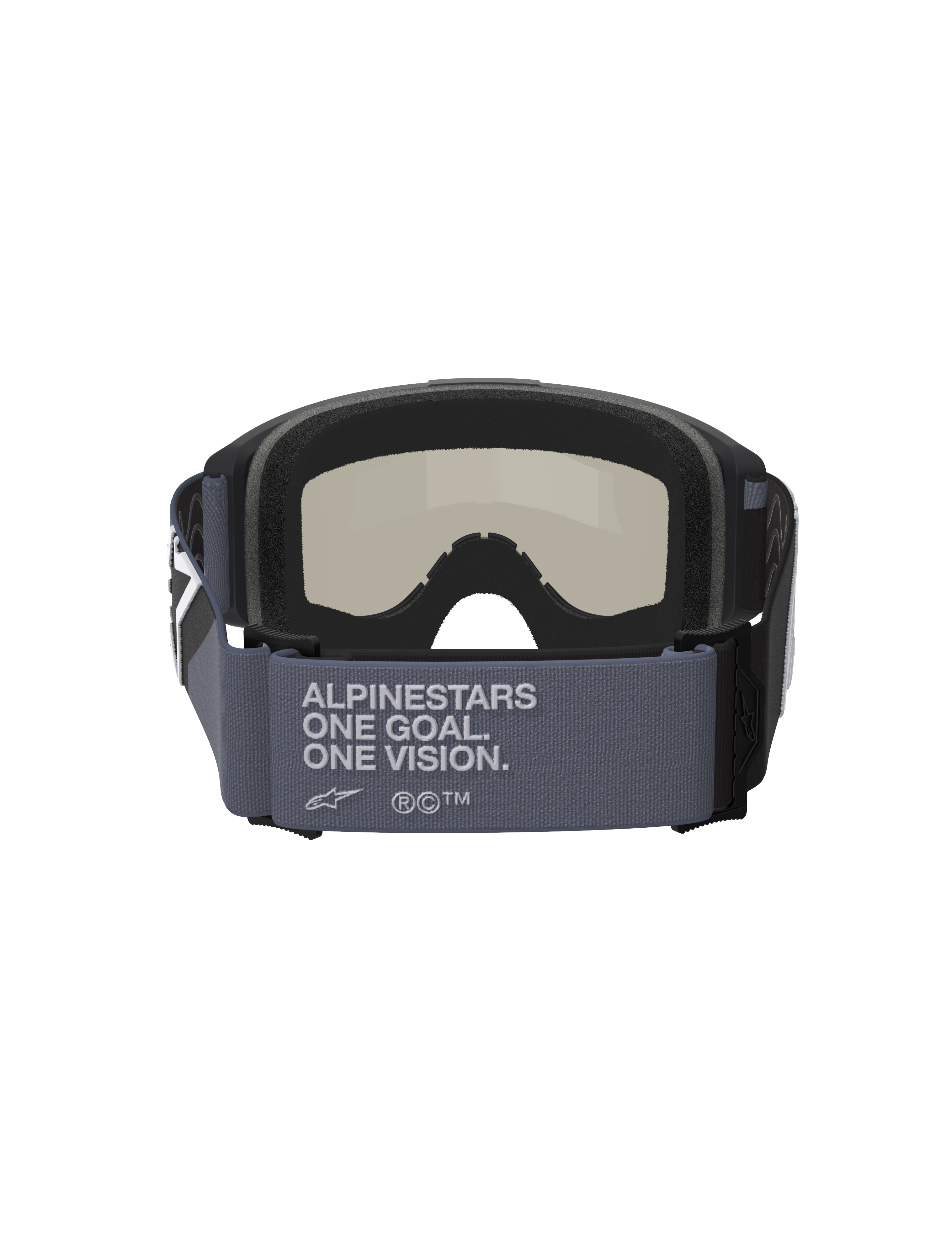 Maschere Alpinestars Vision Sand, maschere da motocross, nero e grigio, vista posteriore con ampio cinturino grigio e testo 'Alpinestars One Goal. One Vision.', schiuma facciale multistrato nera e lente dark smoke, equipaggiamento per guida off-road nel deserto