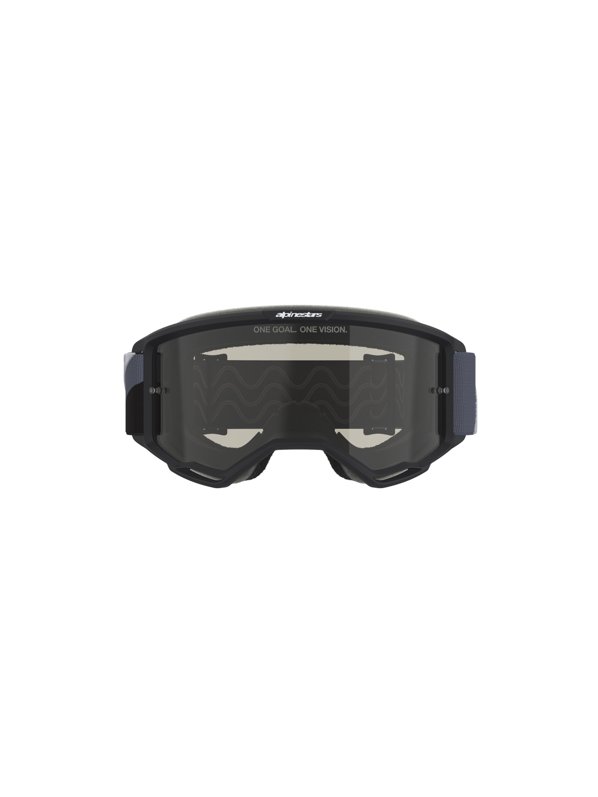Alpinestars Vision Sand Goggles, maschera da motocross, nero e grigio con lente Dark Smoke, con slogan 'ONE GOAL. ONE VISION.' sulla lente, ampio cinturino in tessuto, progettata per la protezione da polvere e sabbia in condizioni fuoristrada