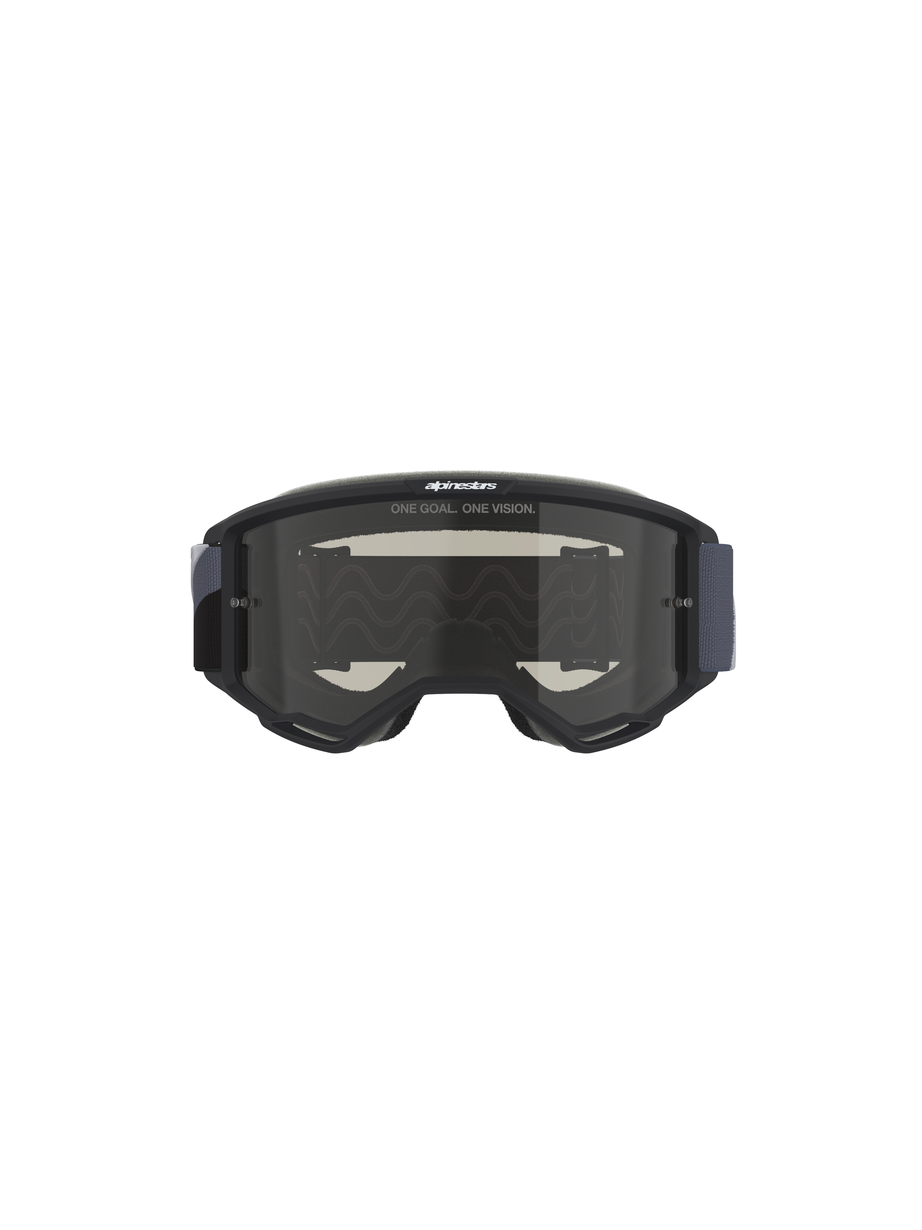 Alpinestars Vision Sand Goggles, maschera da motocross, nero e grigio con lente Dark Smoke, con slogan 'ONE GOAL. ONE VISION.' sulla lente, ampio cinturino in tessuto, progettata per la protezione da polvere e sabbia in condizioni fuoristrada