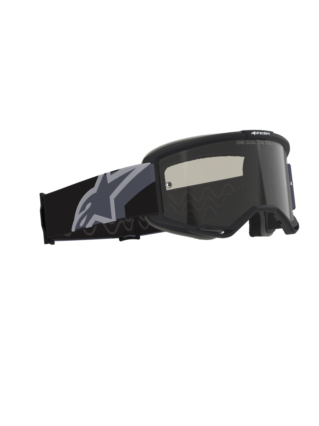Occhiali Alpinestars Vision Sand, maschere da motocross e off-road, nero e grigio con lente Dark Smoke, ampia fascia in tessuto con grande logo a stella grigio, montatura nero opaco con ventilazione RAM-AIR e schiuma facciale multistrato per la protezione nel deserto.