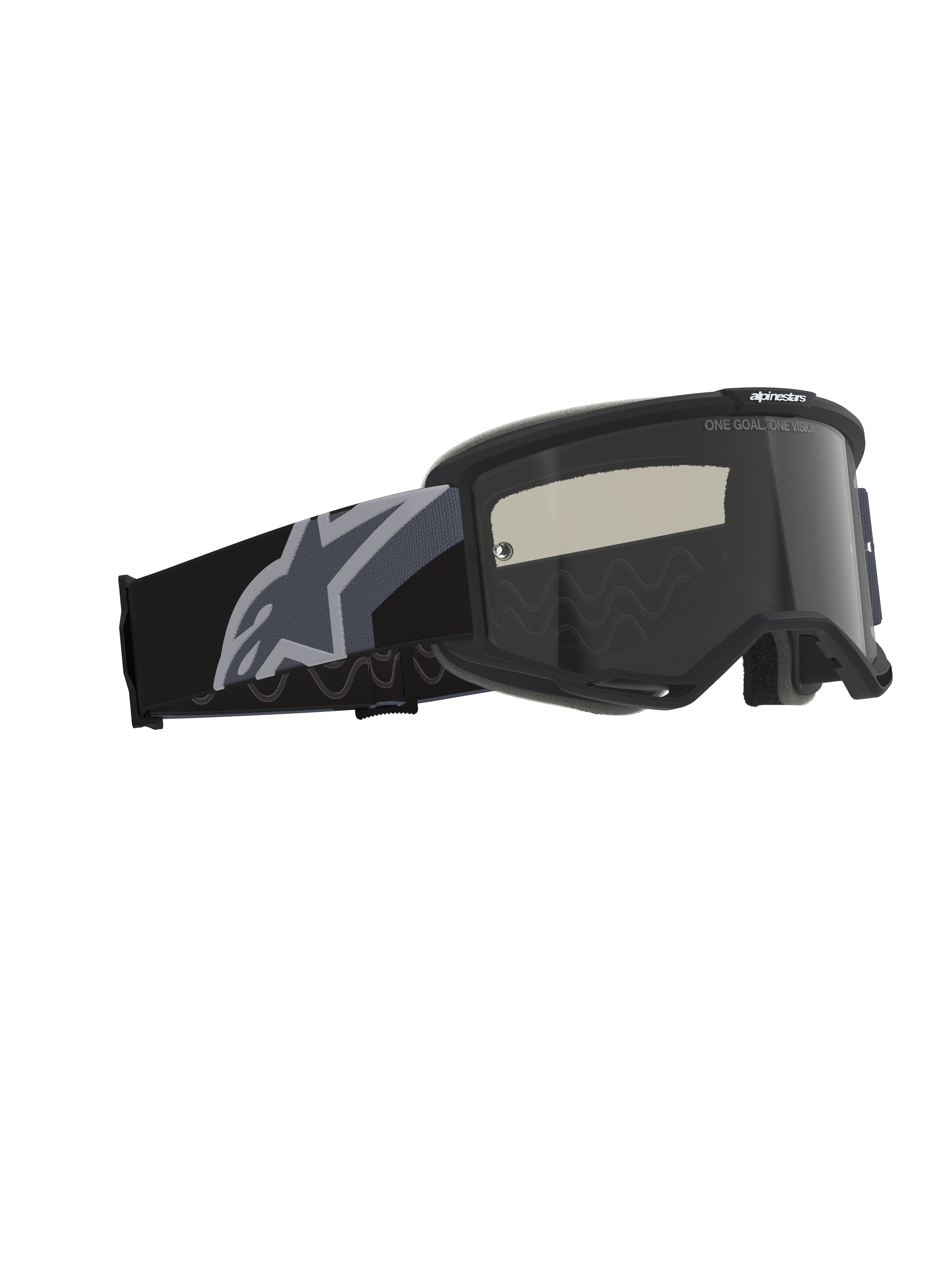 Occhiali Alpinestars Vision Sand, maschere da motocross e off-road, nero e grigio con lente Dark Smoke, ampia fascia in tessuto con grande logo a stella grigio, montatura nero opaco con ventilazione RAM-AIR e schiuma facciale multistrato per la protezione nel deserto.