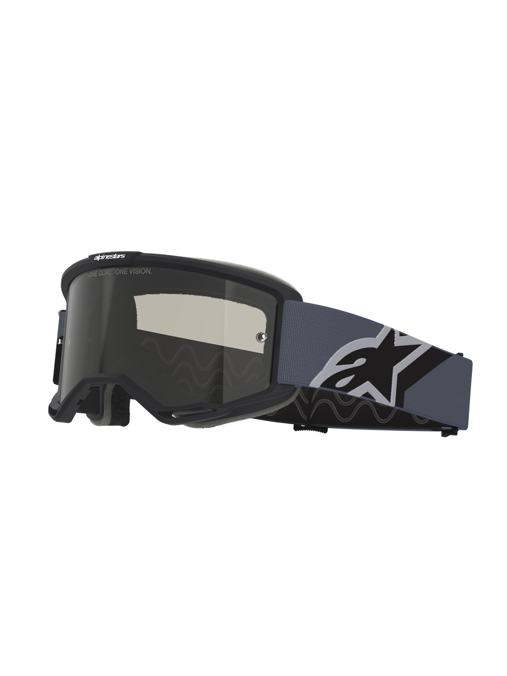 Maschere Alpinestars Vision Sand, maschere da motocross, montatura nera e grigia con lente Dark Smoke, ampio cinturino grigio-blu con un grande logo Alpinestars bianco e nero, occhiali protettivi per la guida off-road e nel deserto