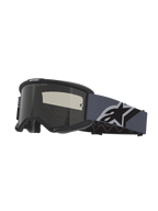Maschere Alpinestars Vision Sand, maschere da motocross, montatura nera e grigia con lente Dark Smoke, ampio cinturino grigio-blu con un grande logo Alpinestars bianco e nero, occhiali protettivi per la guida off-road e nel deserto
