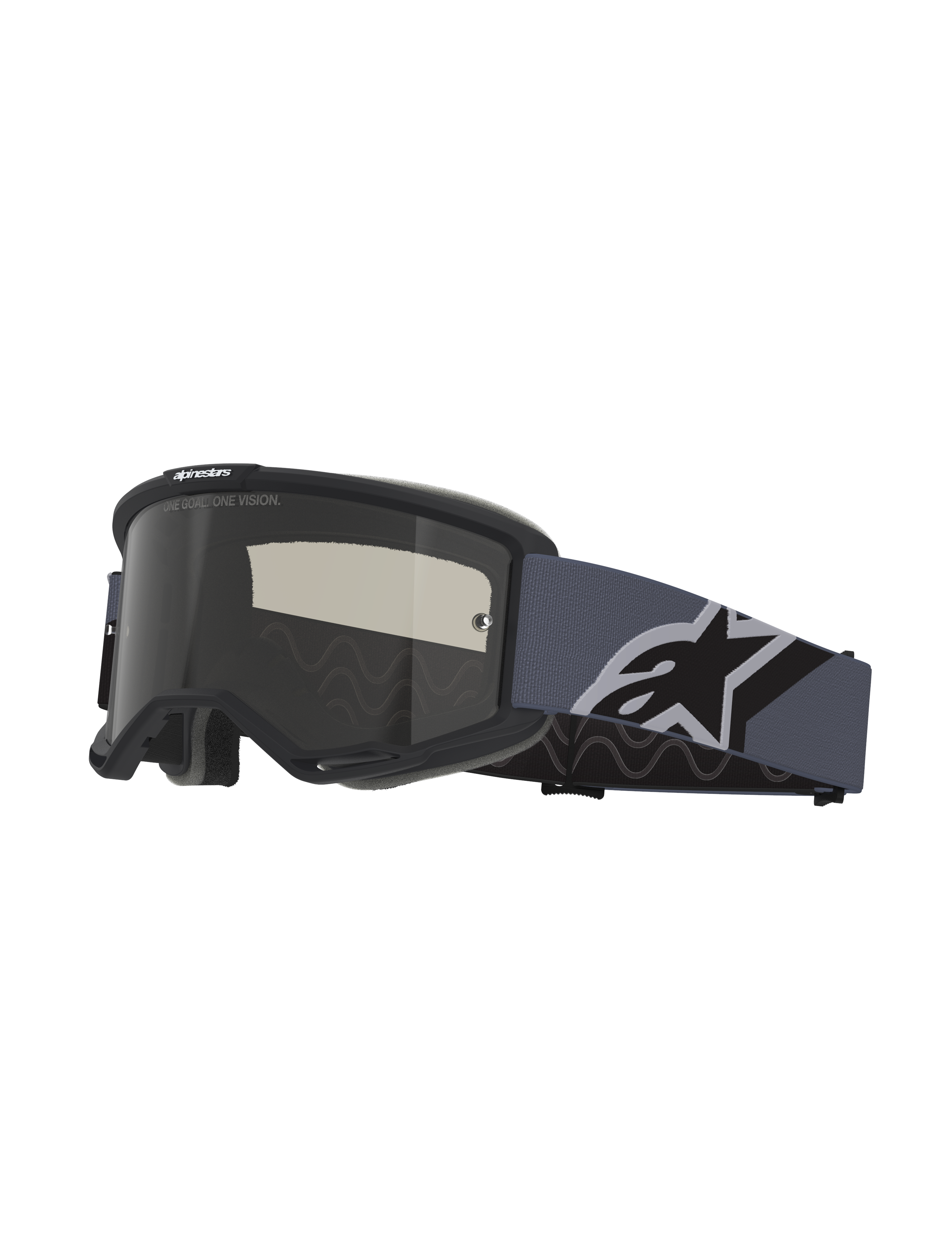 Maschere Alpinestars Vision Sand, maschere da motocross, montatura nera e grigia con lente Dark Smoke, ampio cinturino grigio-blu con un grande logo Alpinestars bianco e nero, occhiali protettivi per la guida off-road e nel deserto