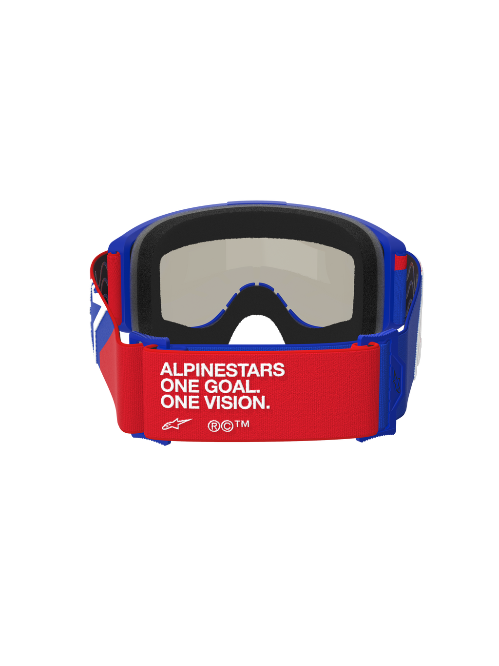 Maschera Alpinestars Vision Sand, blu, rosso e bianco, vista posteriore con cinturino rosso e testo bianco 'ALPINESTARS ONE GOAL. ONE VISION.', montatura blu con spessa imbottitura in spugna nera, lente dark smoke visibile dall'interno, maschera da motocross ad alte prestazioni