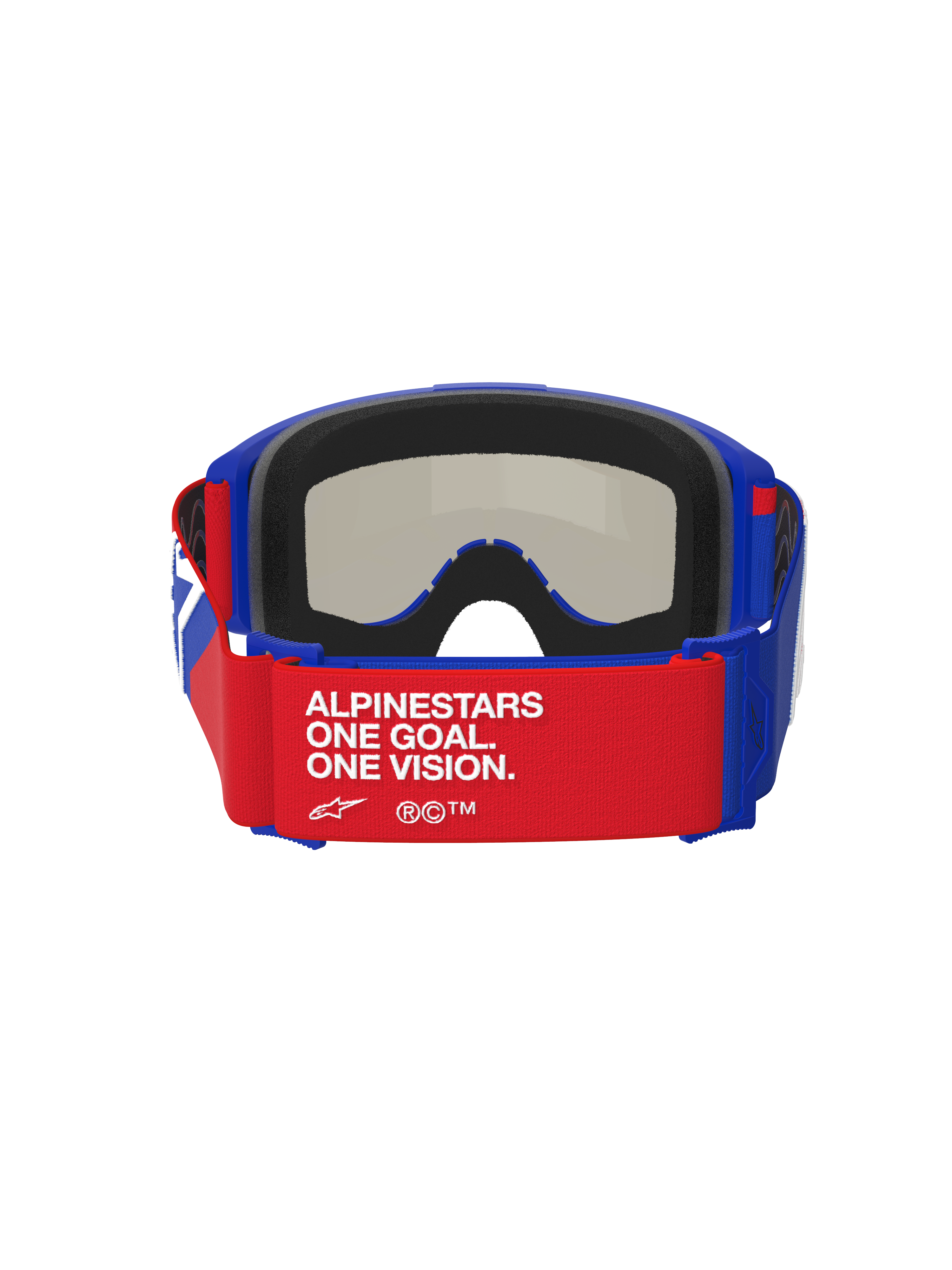 Maschera Alpinestars Vision Sand, blu, rosso e bianco, vista posteriore con cinturino rosso e testo bianco 'ALPINESTARS ONE GOAL. ONE VISION.', montatura blu con spessa imbottitura in spugna nera, lente dark smoke visibile dall'interno, maschera da motocross ad alte prestazioni