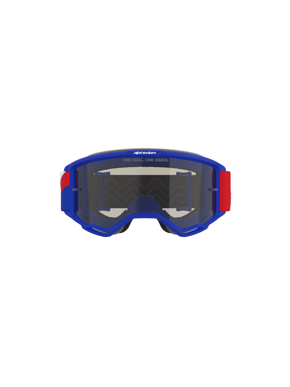 Maschera Alpinestars Vision Sand, montatura blu con dettagli della fascia rossi e bianchi, lente fumo scuro, con lo slogan 'ONE GOAL. ONE VISION.' sulla parte superiore, occhiali da motocross ad alte prestazioni progettati per la protezione nel deserto e fuoristrada