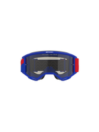 Maschera Alpinestars Vision Sand, montatura blu con dettagli della fascia rossi e bianchi, lente fumo scuro, con lo slogan 'ONE GOAL. ONE VISION.' sulla parte superiore, occhiali da motocross ad alte prestazioni progettati per la protezione nel deserto e fuoristrada