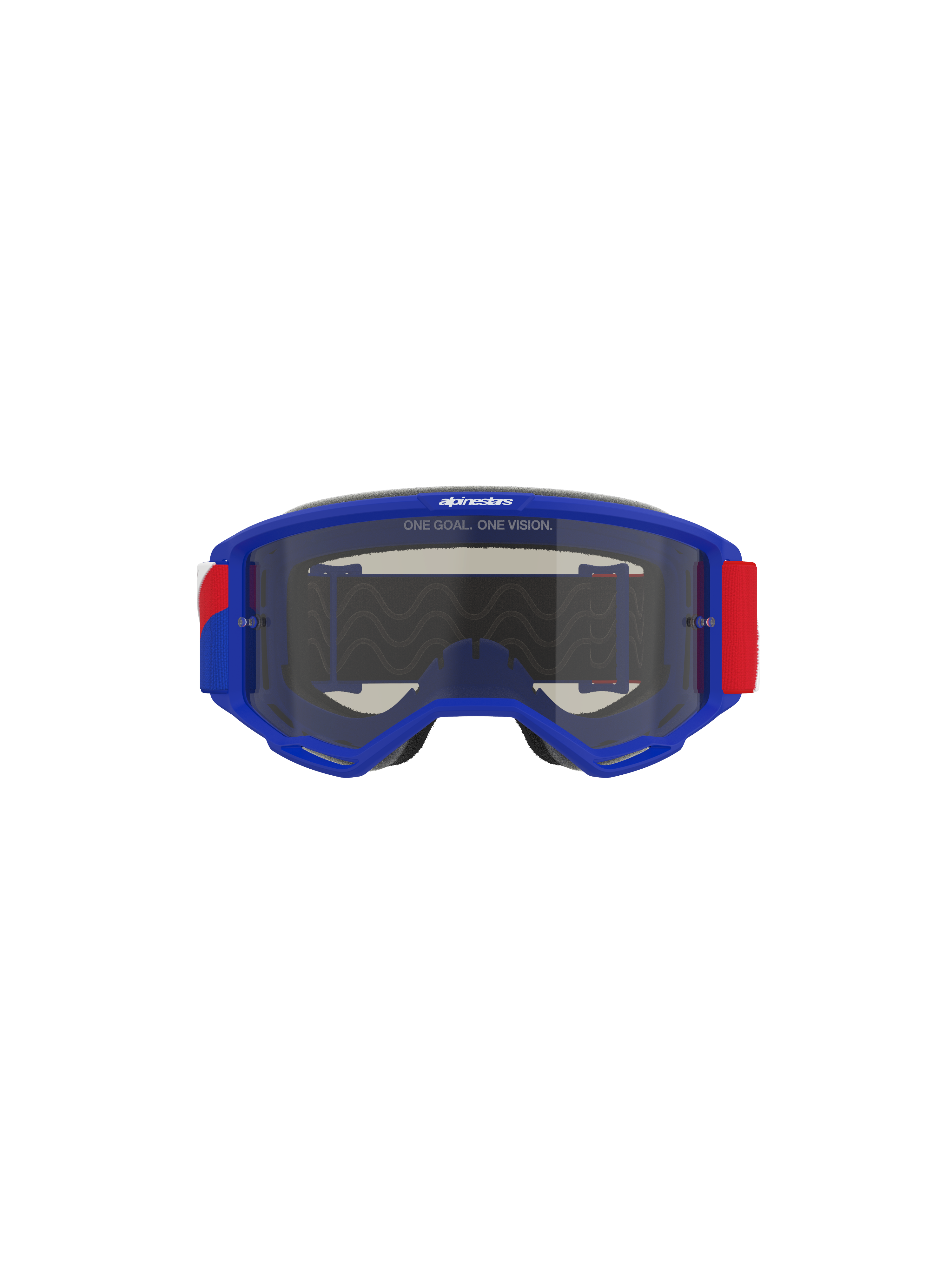 Maschera Alpinestars Vision Sand, montatura blu con dettagli della fascia rossi e bianchi, lente fumo scuro, con lo slogan 'ONE GOAL. ONE VISION.' sulla parte superiore, occhiali da motocross ad alte prestazioni progettati per la protezione nel deserto e fuoristrada