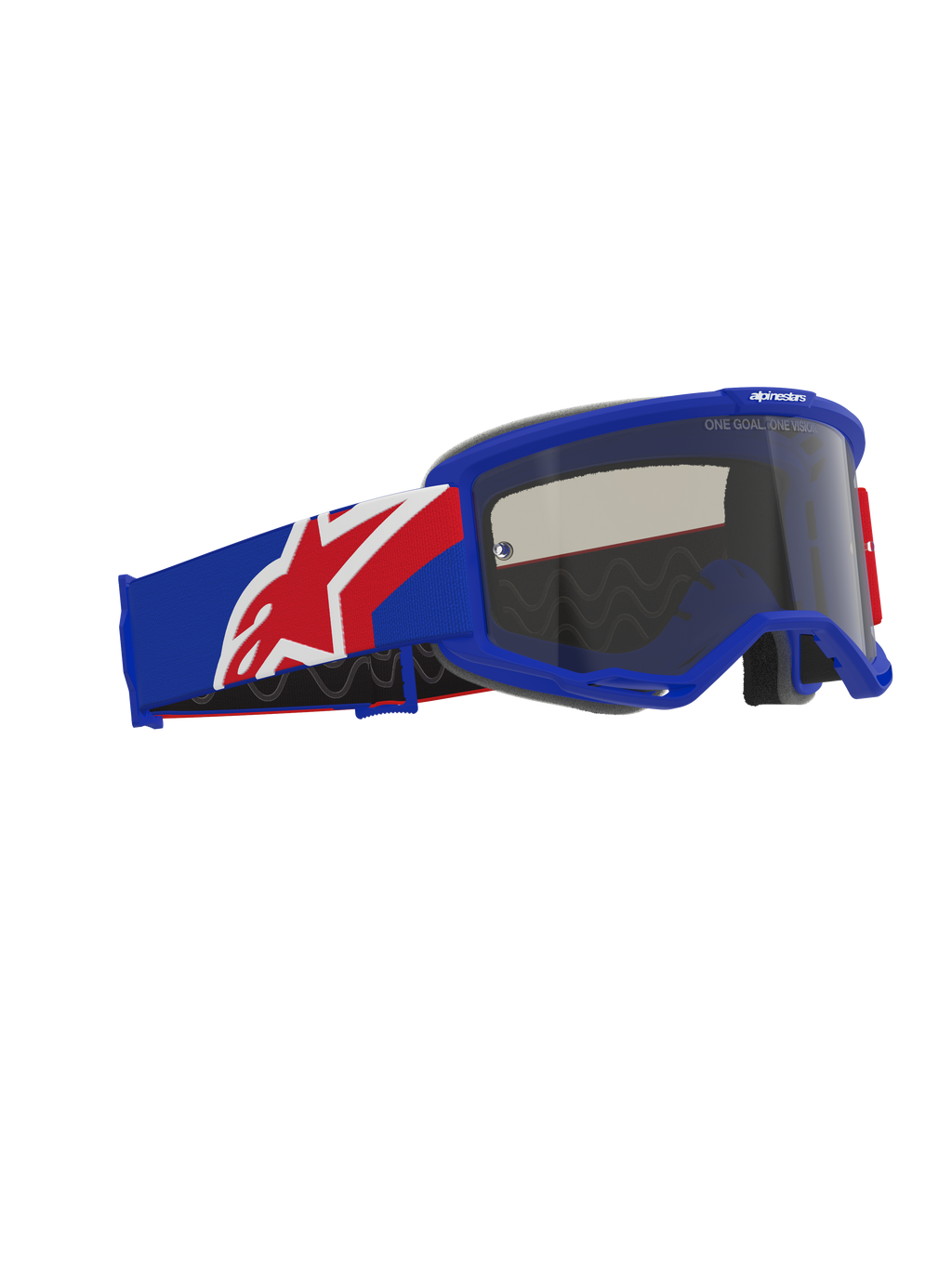 Alpinestars Vision Sand Goggles, maschera da motocross off-road, montatura e fascia blu, rosso e bianco, lente Dark Smoke, con ampia fascia con interno in silicone e schiuma facciale ergonomica