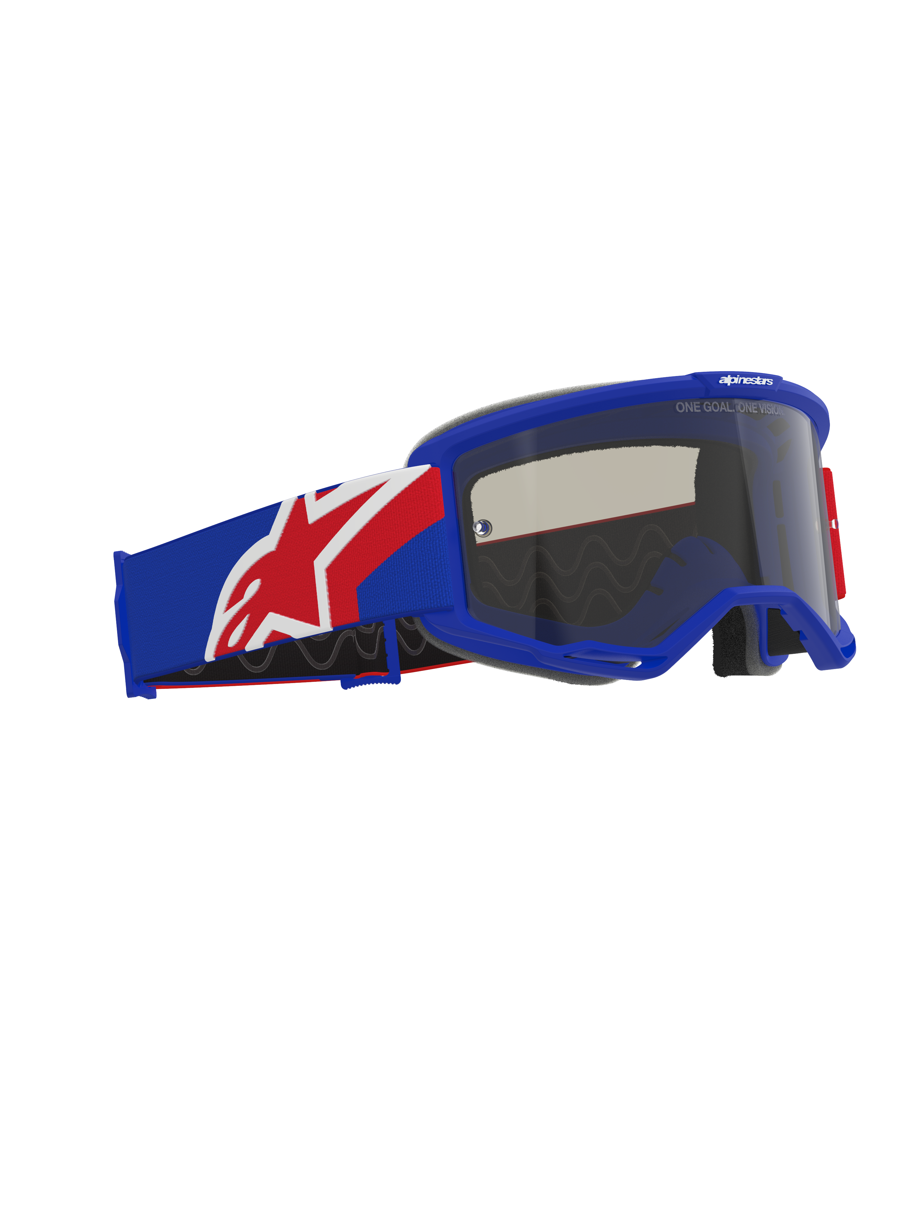 Alpinestars Vision Sand Goggles, maschera da motocross off-road, montatura e fascia blu, rosso e bianco, lente Dark Smoke, con ampia fascia con interno in silicone e schiuma facciale ergonomica