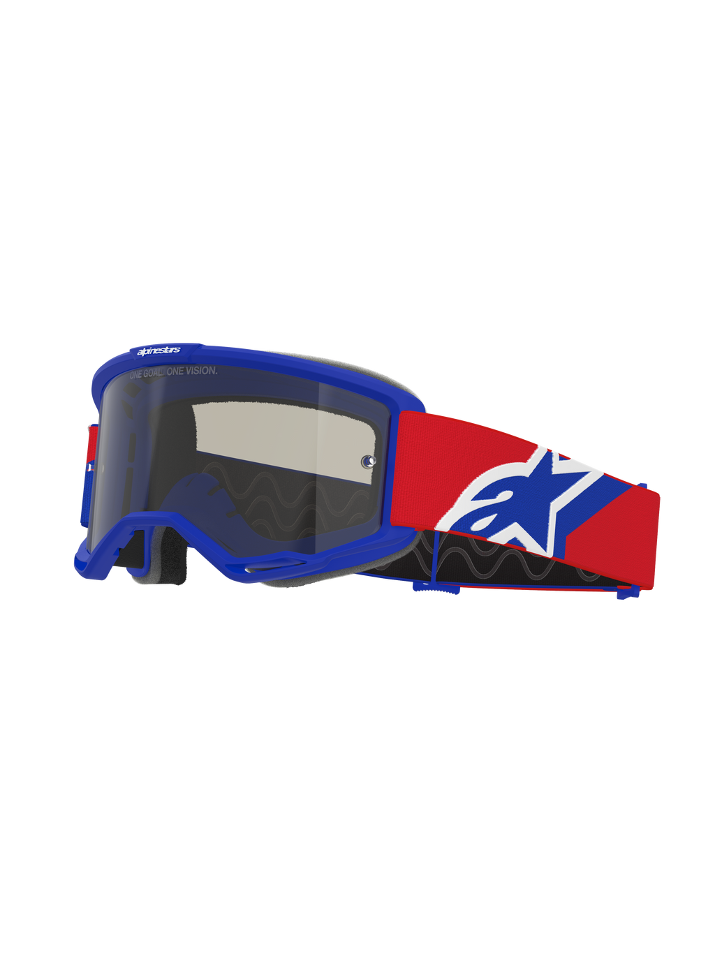 Maschera Alpinestars Vision Sand, occhiali da motocross, montatura blu con lente fumo scuro, fascia rossa con logo blu e bianco, protezione oculare per il fuoristrada con schiuma di ventilazione specifica per la guida nel deserto