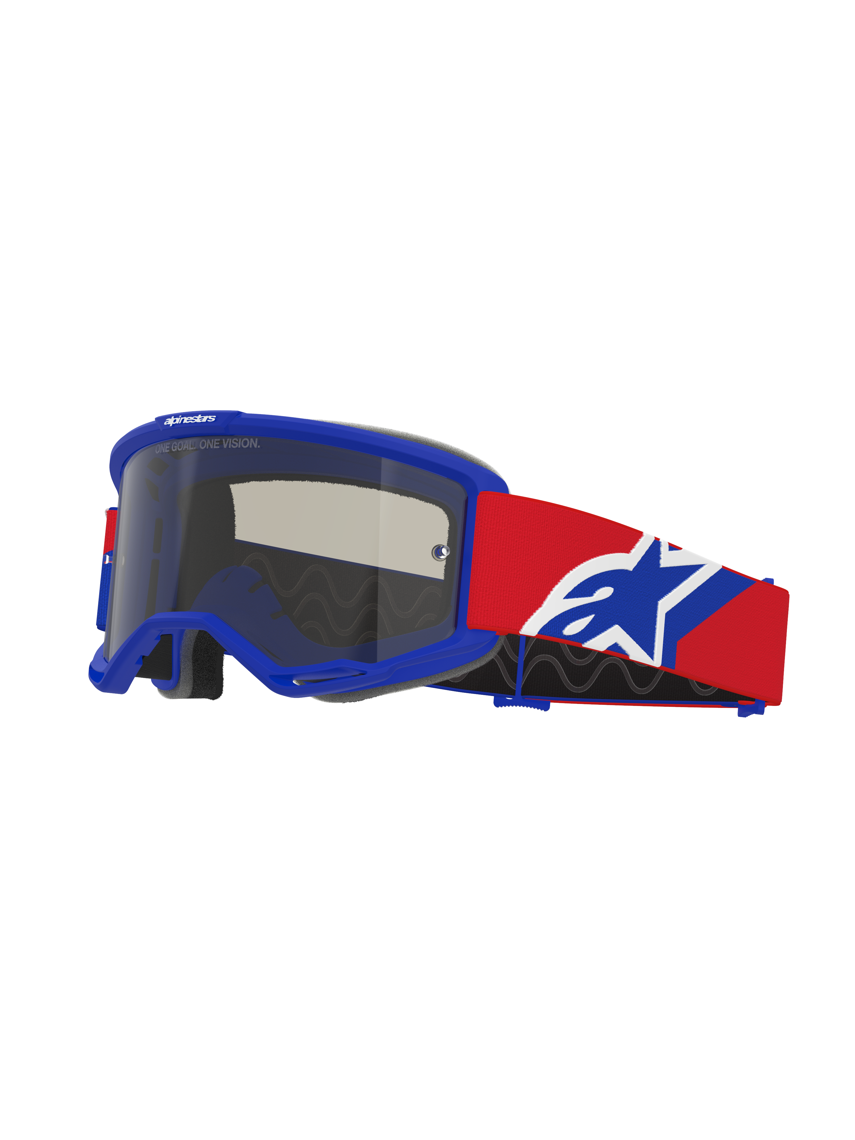 Maschera Alpinestars Vision Sand, occhiali da motocross, montatura blu con lente fumo scuro, fascia rossa con logo blu e bianco, protezione oculare per il fuoristrada con schiuma di ventilazione specifica per la guida nel deserto