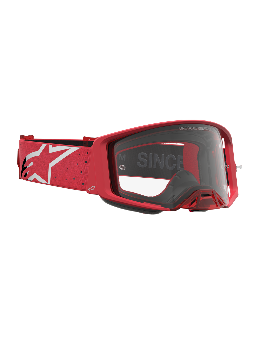 Alpinestars maschere Supertech Vesta, maschere da motocross racing rosse e bianche, lenti trasparenti e fascia con logo