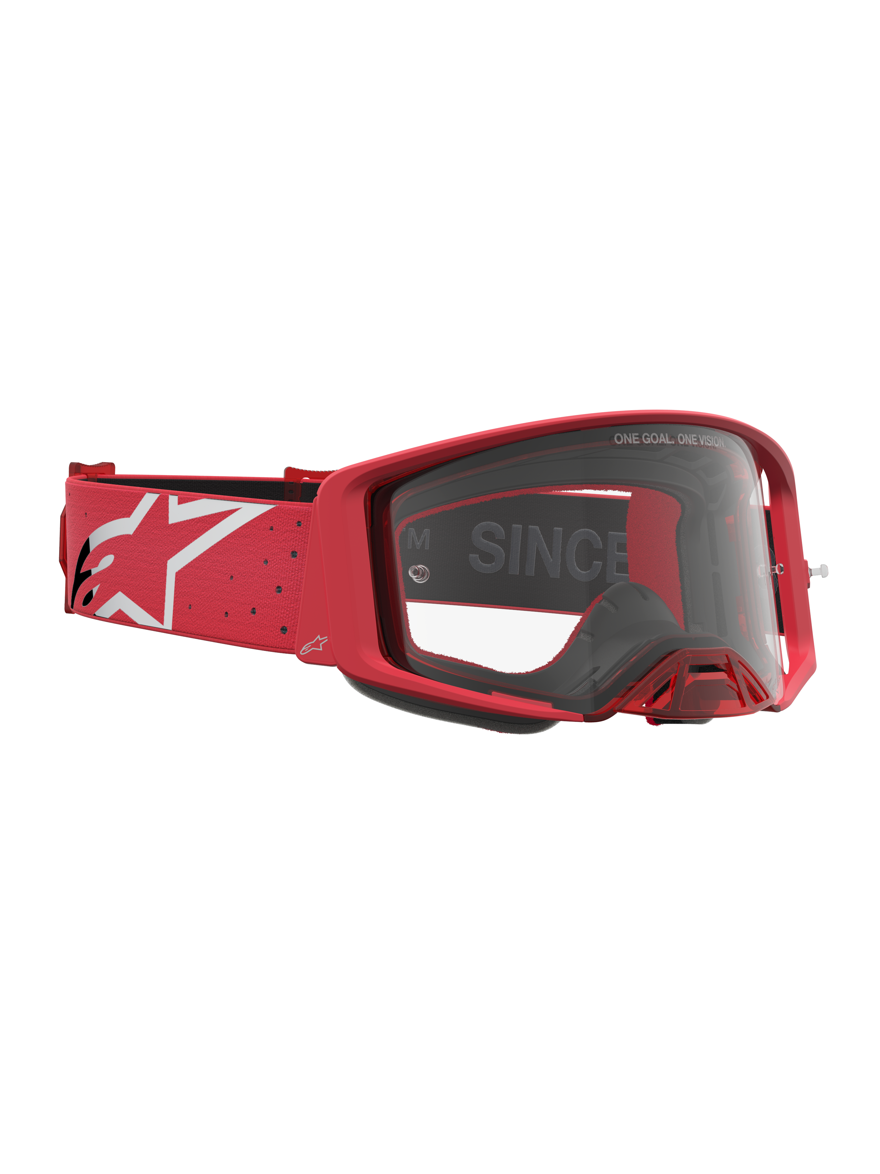 Alpinestars maschere Supertech Vesta, maschere da motocross racing rosse e bianche, lenti trasparenti e fascia con logo