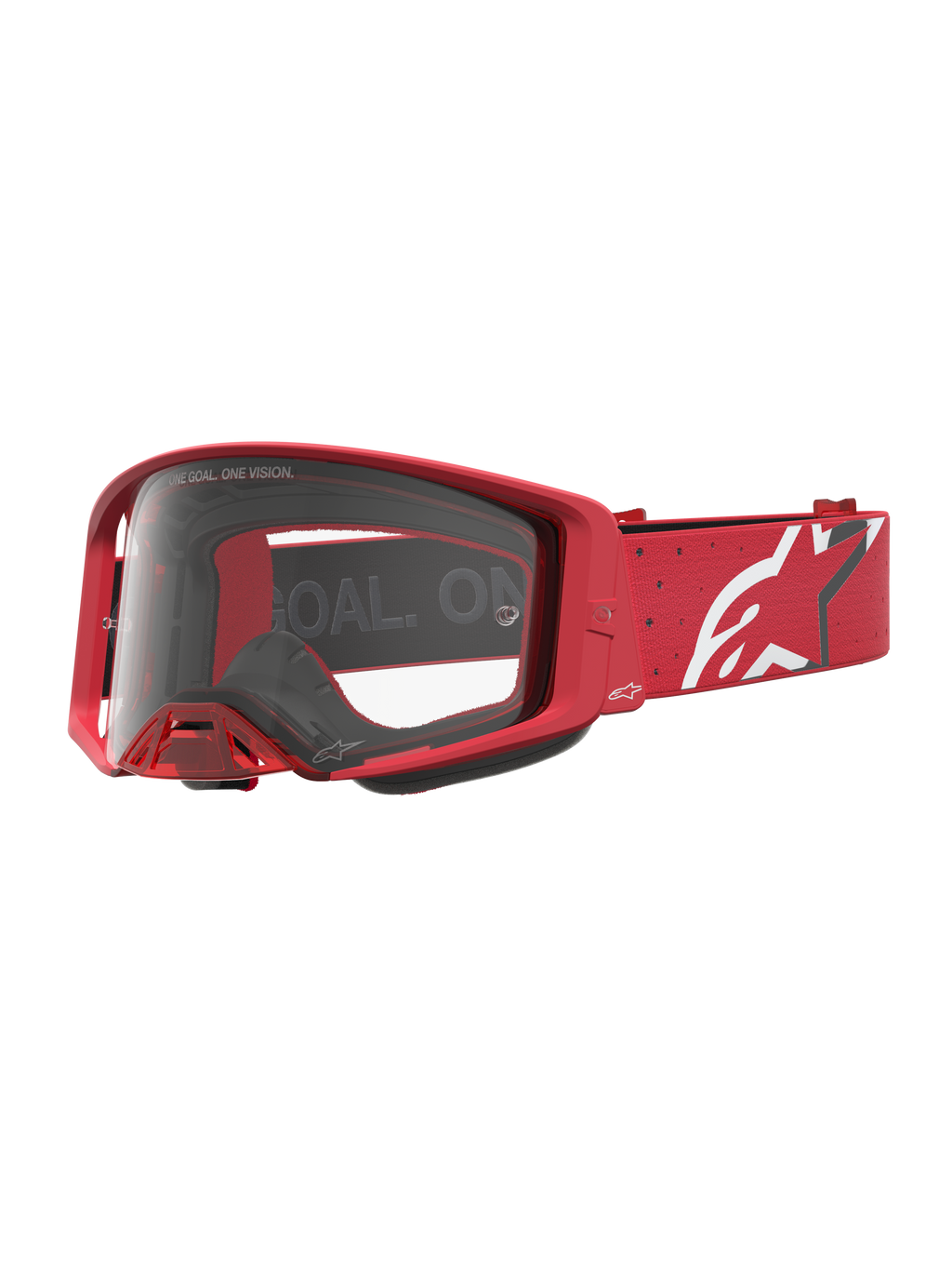 Alpinestars Maschere Supertech Vesta, maschere da motocross e fuoristrada, colore rosso e bianco, con lente in policarbonato trasparente e fascia con logo a stella bianco.
