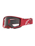 Alpinestars Maschere Supertech Vesta, maschere da motocross e fuoristrada, colore rosso e bianco, con lente in policarbonato trasparente e fascia con logo a stella bianco.