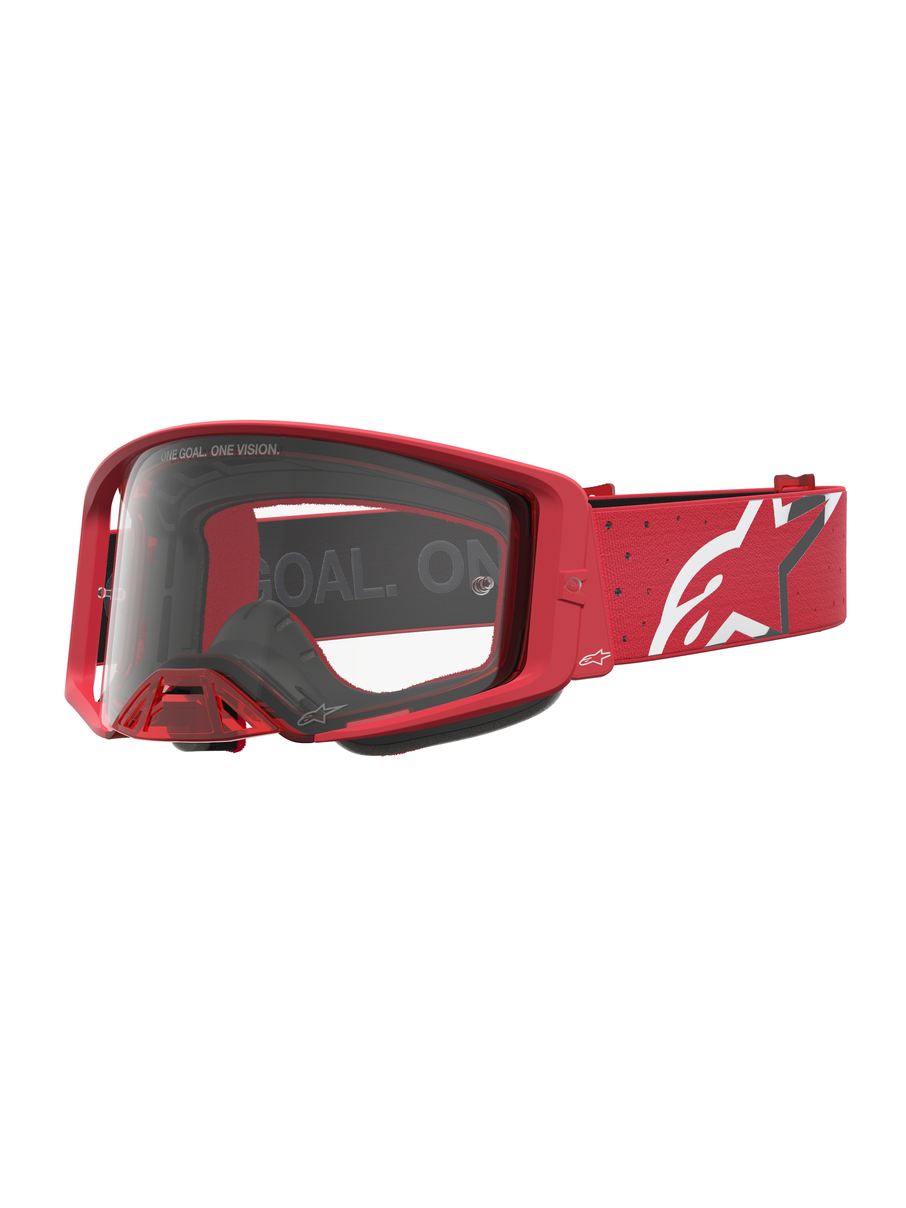 Alpinestars Maschere Supertech Vesta, maschere da motocross e fuoristrada, colore rosso e bianco, con lente in policarbonato trasparente e fascia con logo a stella bianco.