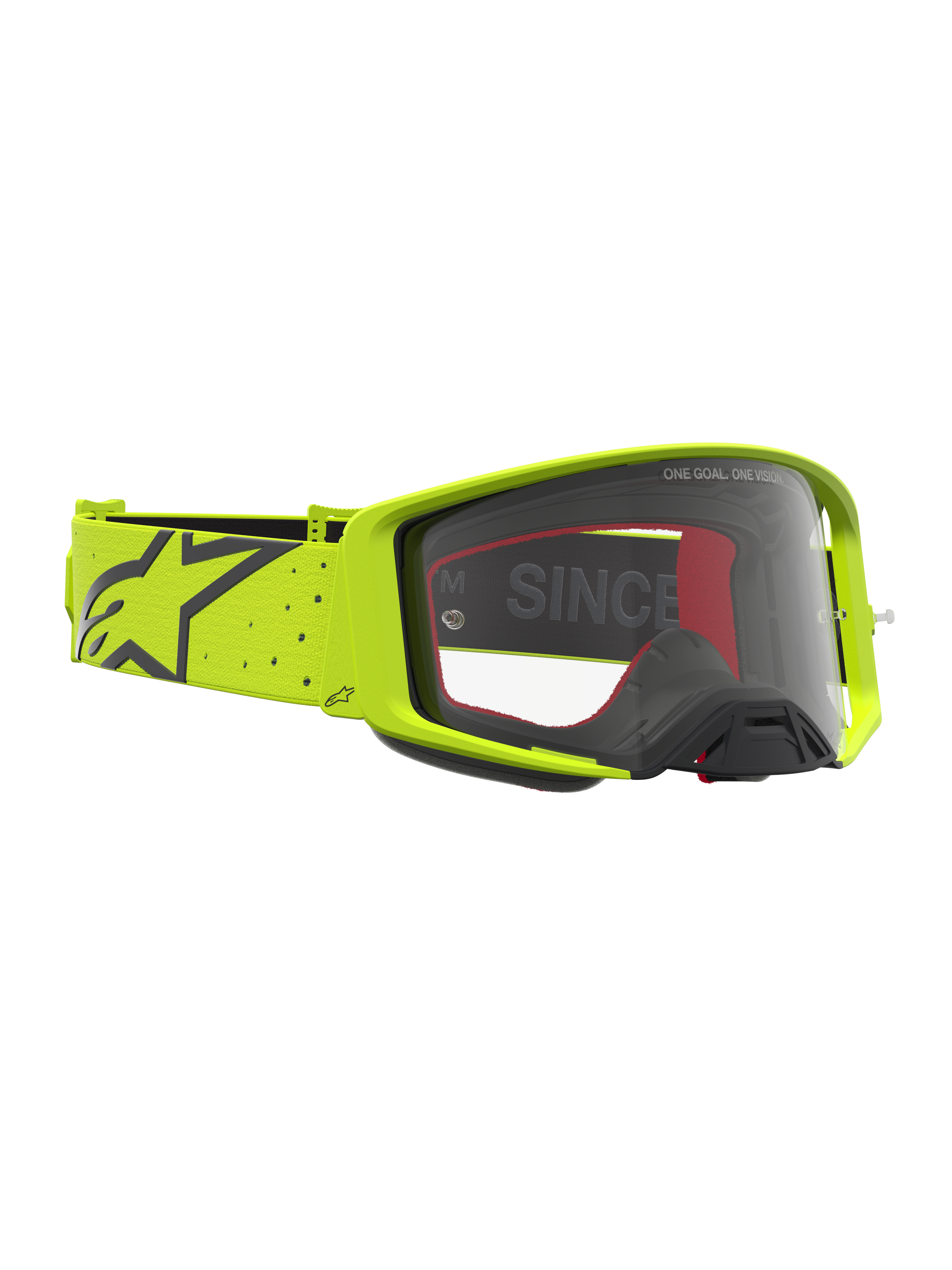 Maschere Alpinestars Supertech Vesta, maschere da motocross in giallo fluo e nero, lente trasparente e ampia fascia elastica con logo, ideali per competizioni off-road