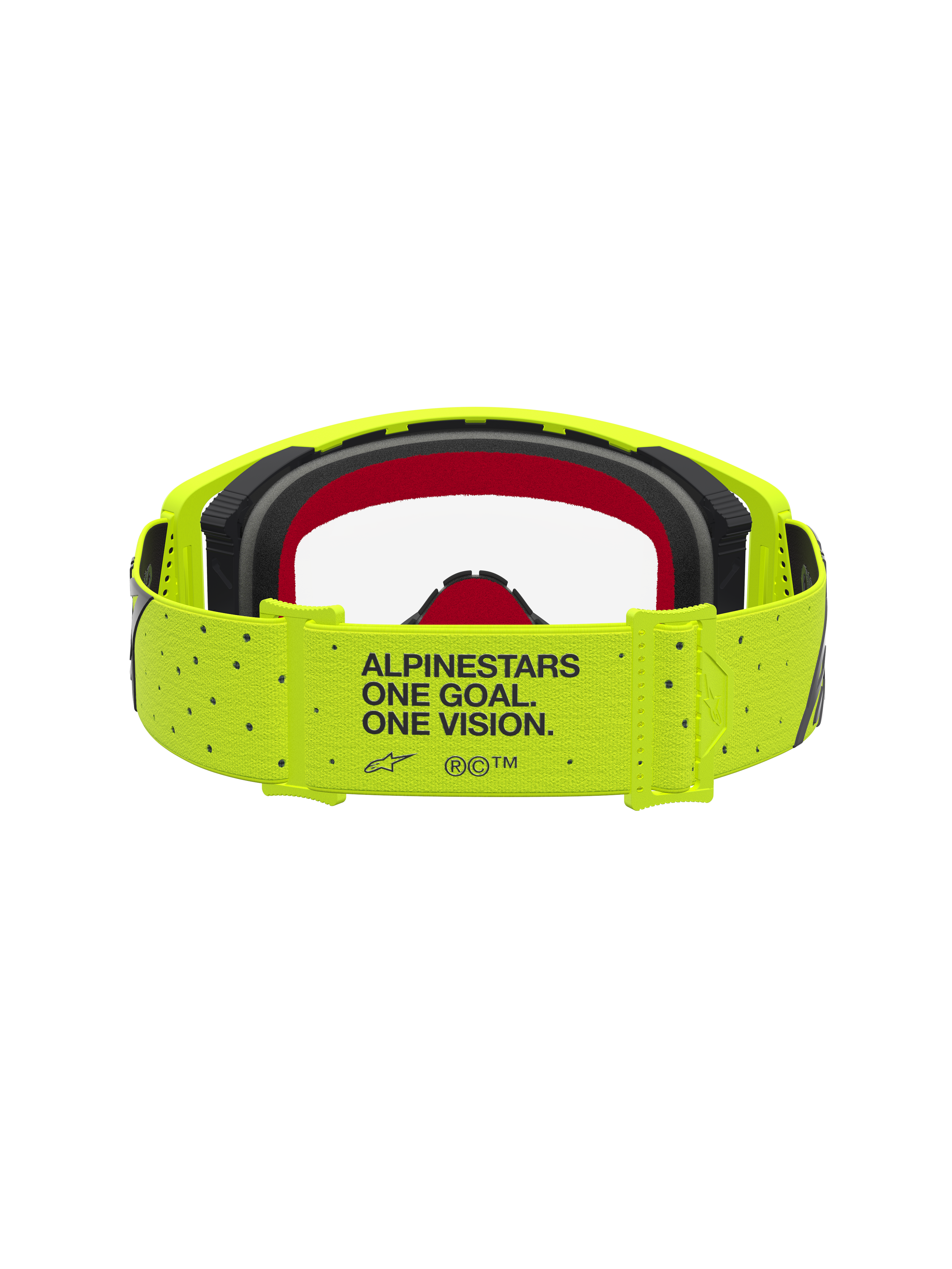 Alpinestars Maschere Supertech Vesta, maschere da motocross, giallo fluo e nero, cinturino con motto 'One Goal. One Vision.' e schiuma rossa interna, per gare off-road.