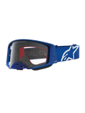 Alpinestars Maschere Supertech Vesta, maschere da motocross per uomo, blu e bianche, lente trasparente in policarbonato, logo a stella Alpinestars, visione nitida per gare off-road