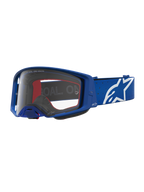 Alpinestars Maschere Supertech Vesta, maschere da motocross per uomo, blu e bianche, lente trasparente in policarbonato, logo a stella Alpinestars, visione nitida per gare off-road