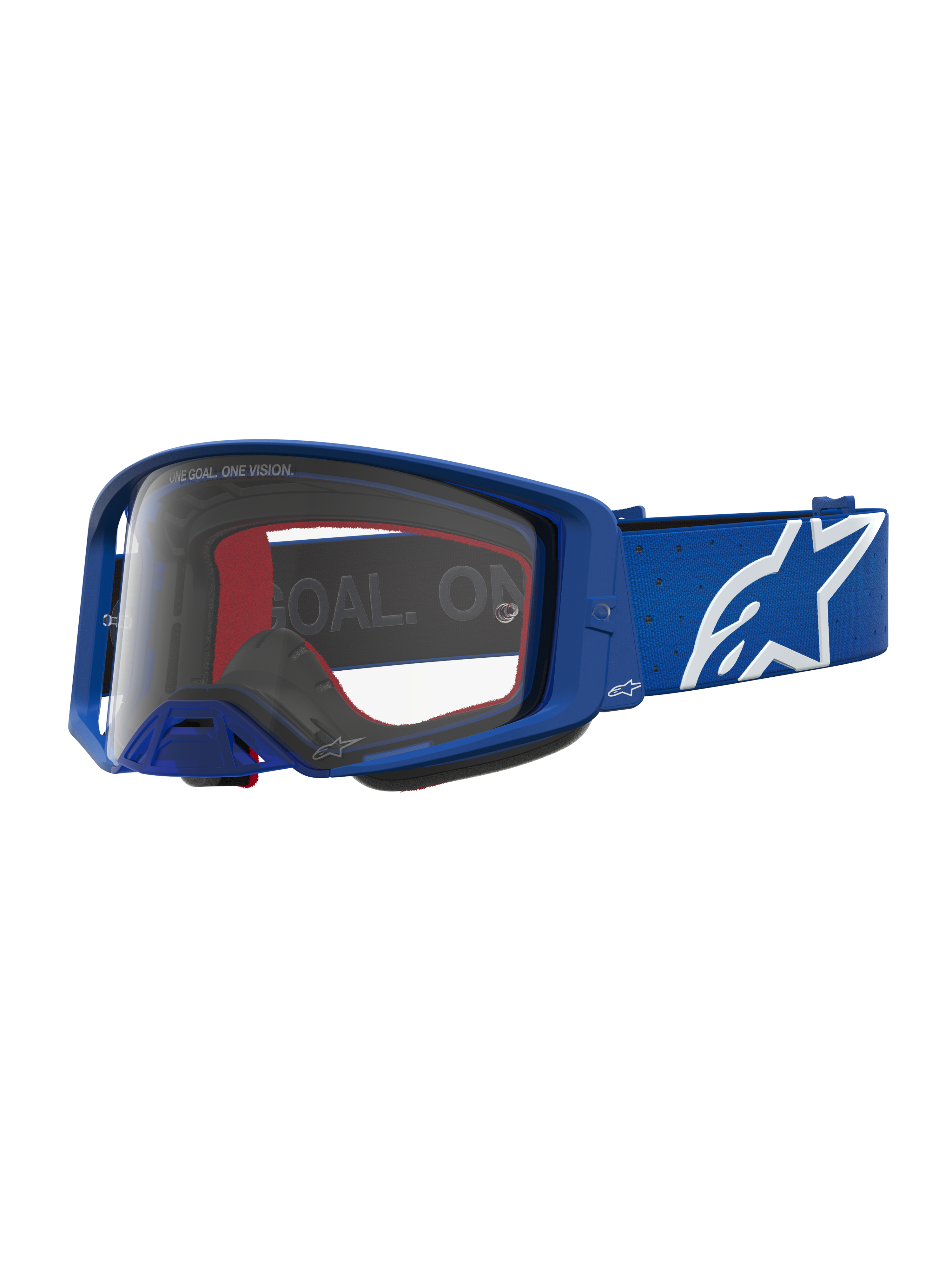 Alpinestars Maschere Supertech Vesta, maschere da motocross per uomo, blu e bianche, lente trasparente in policarbonato, logo a stella Alpinestars, visione nitida per gare off-road