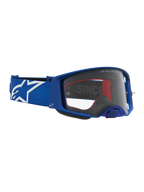 Alpinestars Maschere Supertech Vesta, maschere motocross professionali, blu e bianche, con lente trasparente e logo laterale.