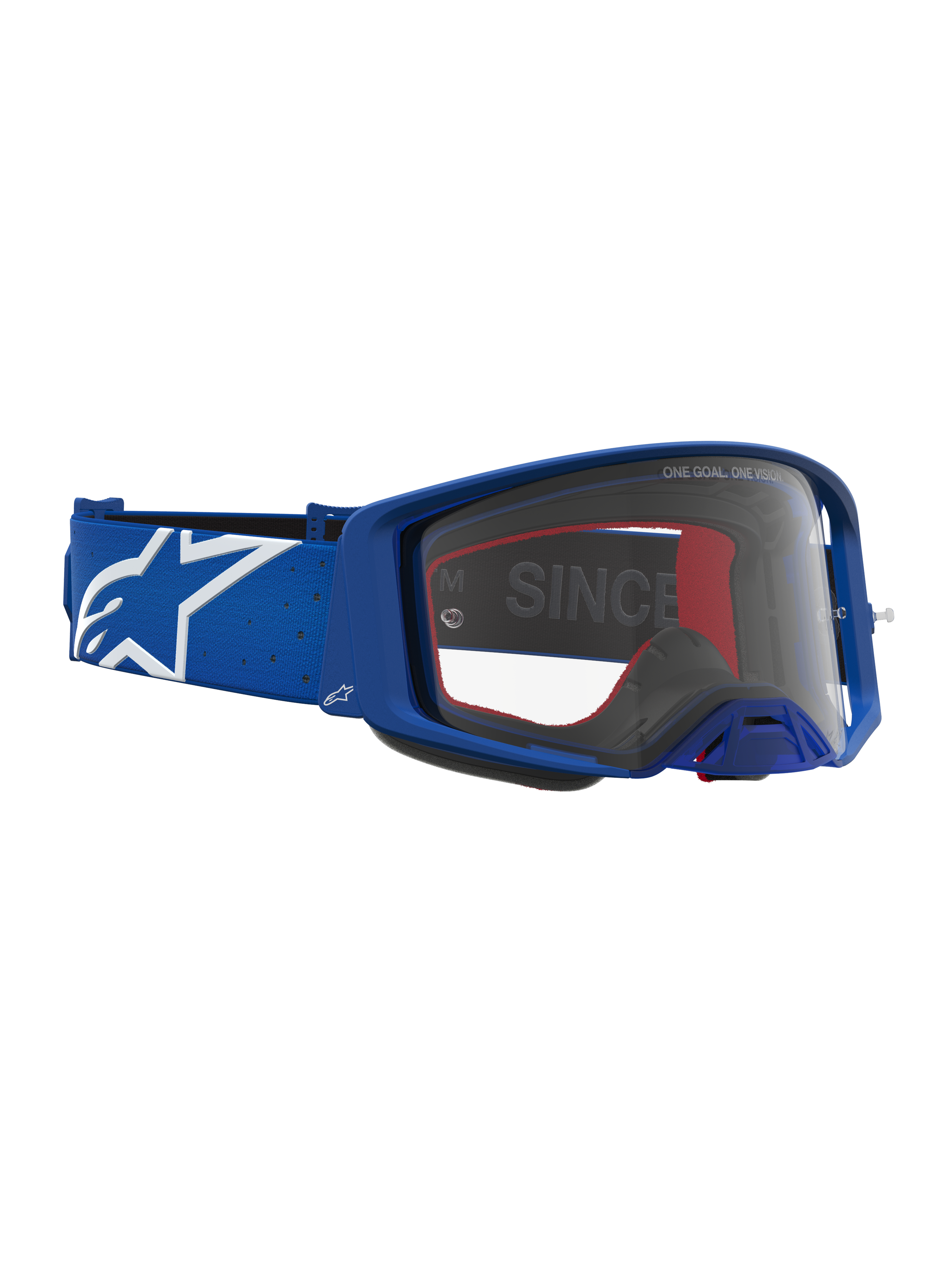 Alpinestars Maschere Supertech Vesta, maschere motocross professionali, blu e bianche, con lente trasparente e logo laterale.
