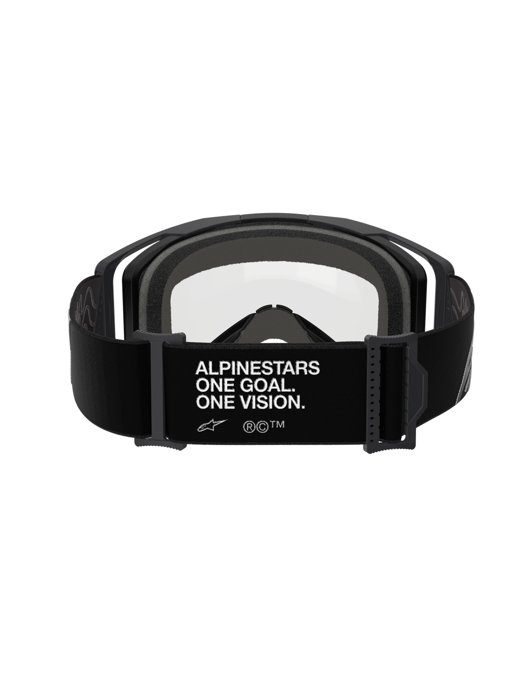 Maschera Alpinestars Vision 8 Corp - Doppia Lente, Nero Trasparente, vista posteriore con ampia fascia nera e branding bianco 'ALPINESTARS ONE GOAL. ONE VISION.', montatura nera con lente in policarbonato trasparente e spessa imbottitura facciale multistrato grigia, occhiali professionali da motocross
