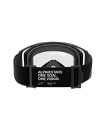 Maschera Alpinestars Vision 8 Corp - Doppia Lente, Nero Trasparente, vista posteriore con ampia fascia nera e branding bianco 'ALPINESTARS ONE GOAL. ONE VISION.', montatura nera con lente in policarbonato trasparente e spessa imbottitura facciale multistrato grigia, occhiali professionali da motocross