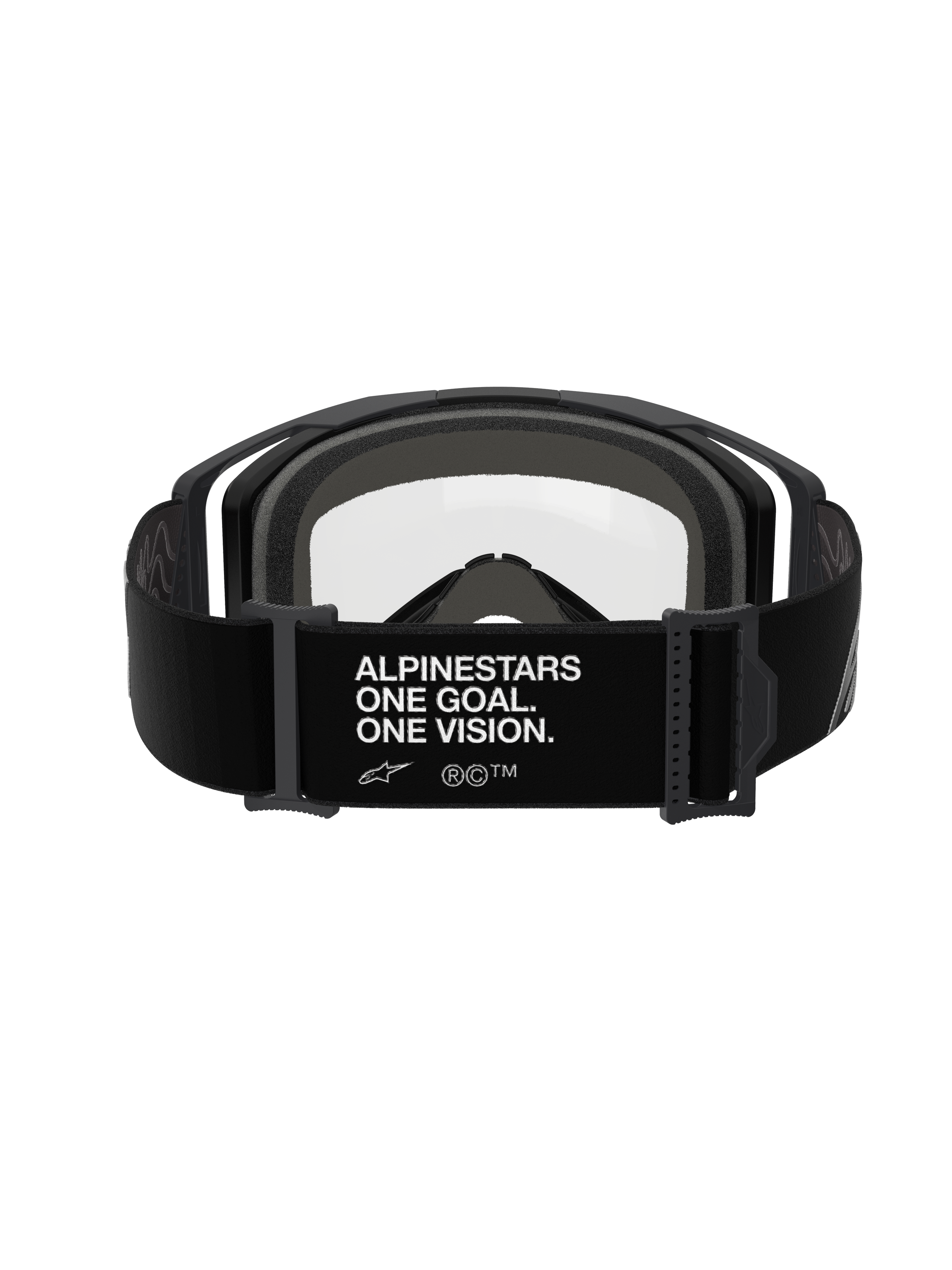 Maschera Alpinestars Vision 8 Corp - Doppia Lente, Nero Trasparente, vista posteriore con ampia fascia nera e branding bianco 'ALPINESTARS ONE GOAL. ONE VISION.', montatura nera con lente in policarbonato trasparente e spessa imbottitura facciale multistrato grigia, occhiali professionali da motocross