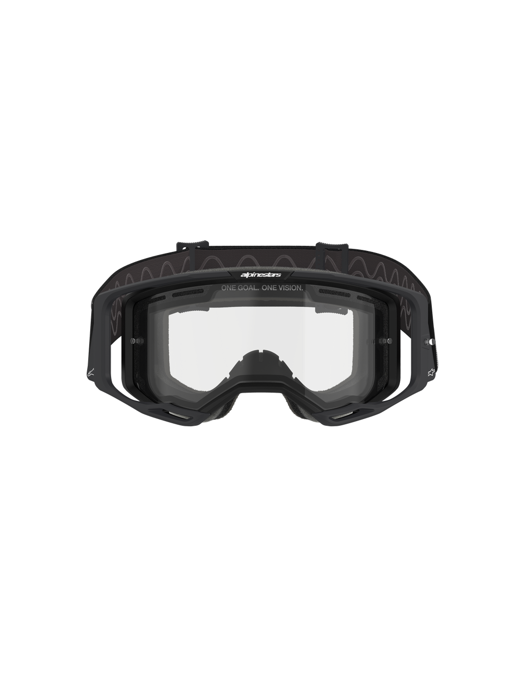 Alpinestars Vision 8 Corp Goggles - Doppia Lente, occhiali da motocross, montatura nera con doppia lente trasparente, vista frontale che mostra i supporti laterali e il logo "ONE GOAL. ONE VISION.", protezione tecnica per gli occhi per il fuoristrada