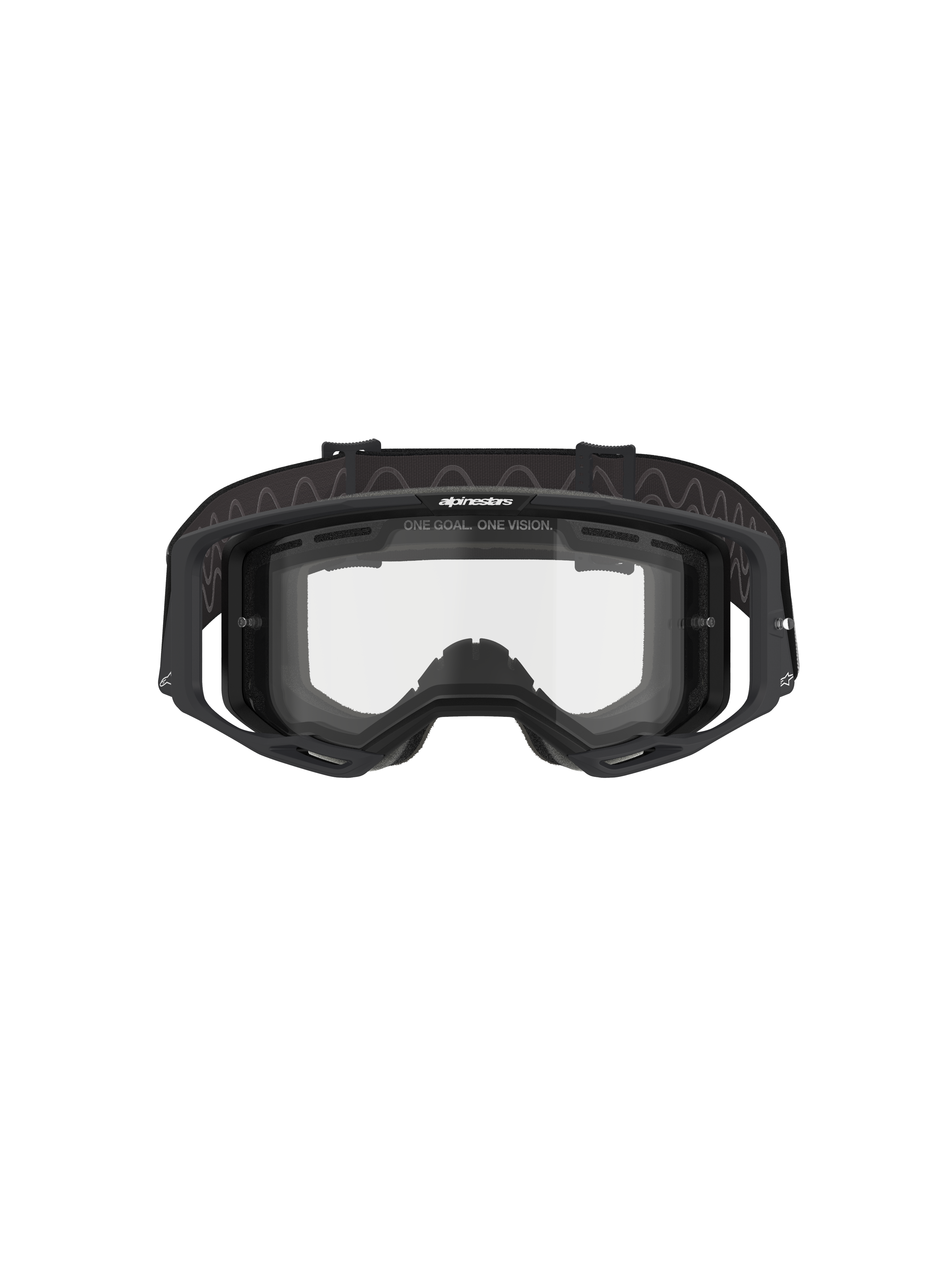 Alpinestars Vision 8 Corp Goggles - Doppia Lente, occhiali da motocross, montatura nera con doppia lente trasparente, vista frontale che mostra i supporti laterali e il logo "ONE GOAL. ONE VISION.", protezione tecnica per gli occhi per il fuoristrada