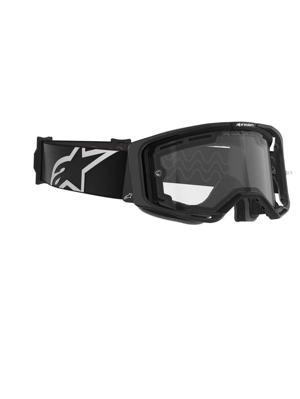 Alpinestars Vision 8 Corp Goggles, doppia lente, maschera da motocross, montatura nera con lente trasparente, ampia fascia nera con grande logo Alpinestars bianco, protezione tecnica per gli occhi per corse fuoristrada
