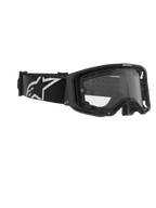Alpinestars Vision 8 Corp Goggles, doppia lente, maschera da motocross, montatura nera con lente trasparente, ampia fascia nera con grande logo Alpinestars bianco, protezione tecnica per gli occhi per corse fuoristrada