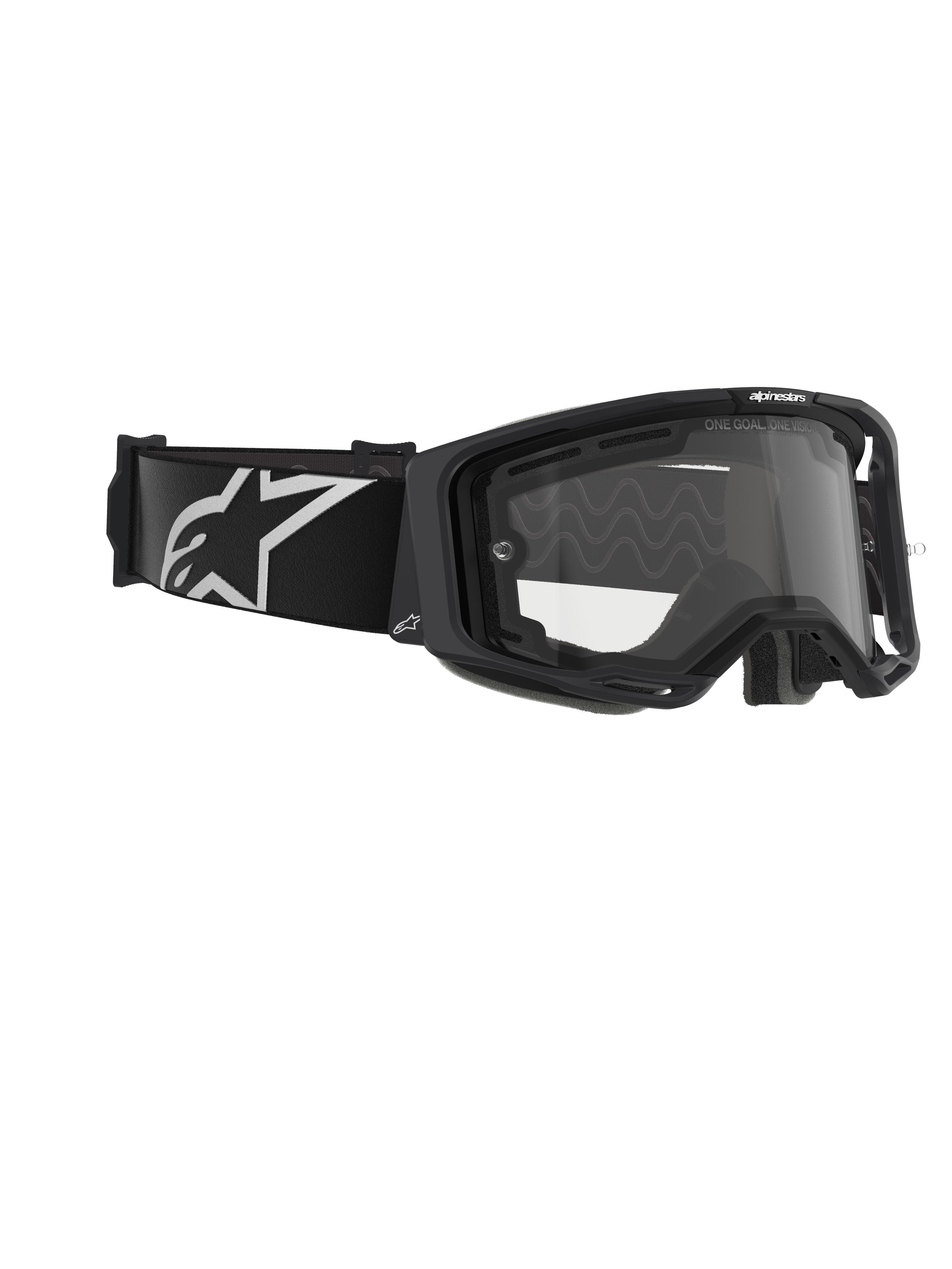 Alpinestars Vision 8 Corp Goggles, doppia lente, maschera da motocross, montatura nera con lente trasparente, ampia fascia nera con grande logo Alpinestars bianco, protezione tecnica per gli occhi per corse fuoristrada