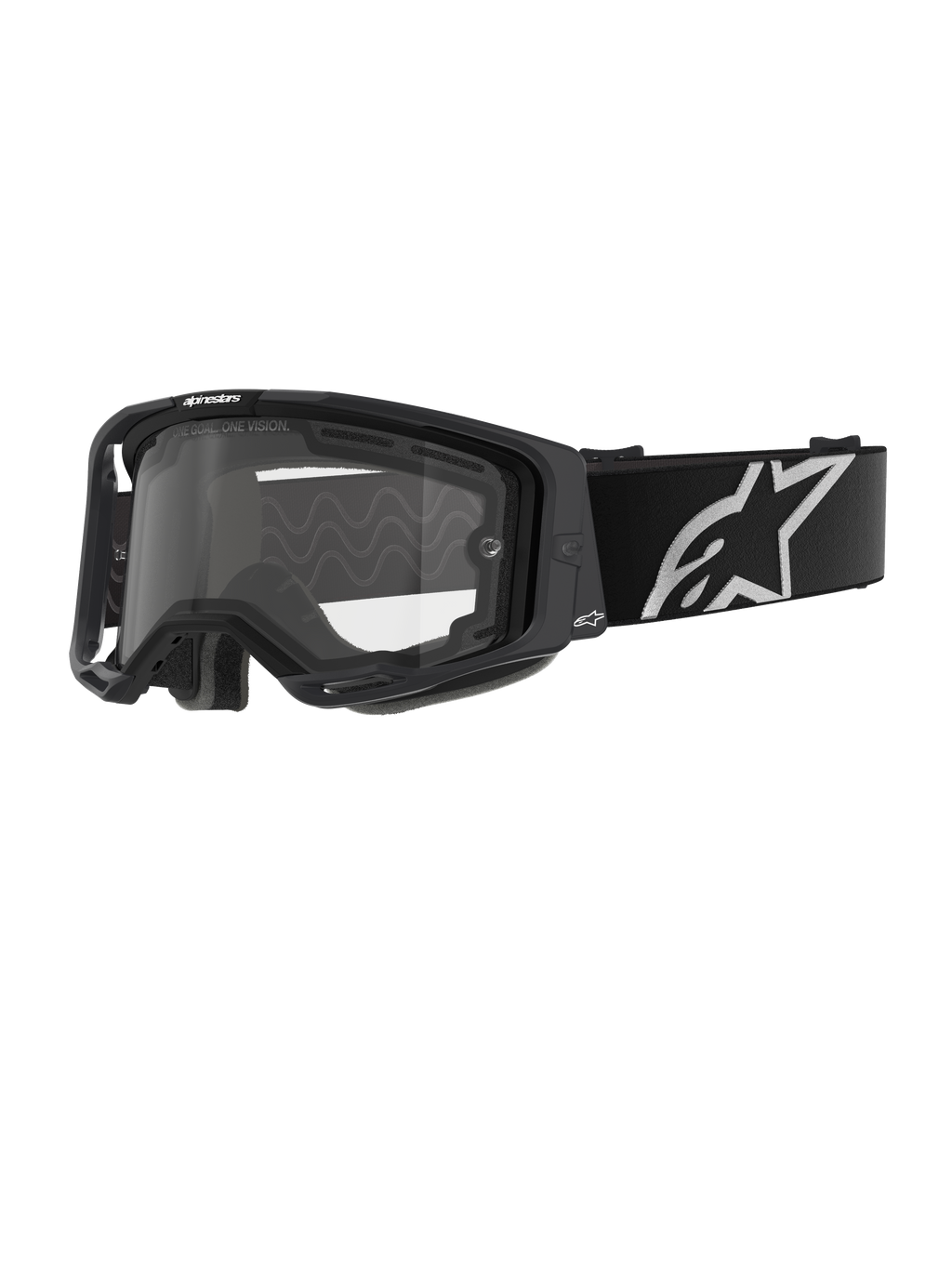 Occhiali Alpinestars Vision 8 Corp - Dual Pane, occhiali da motocross, montatura nera con lente doppia trasparente, ampia fascia nera con logo a stella Alpinestars bianco, design performante con porte di ventilazione per gare fuoristrada