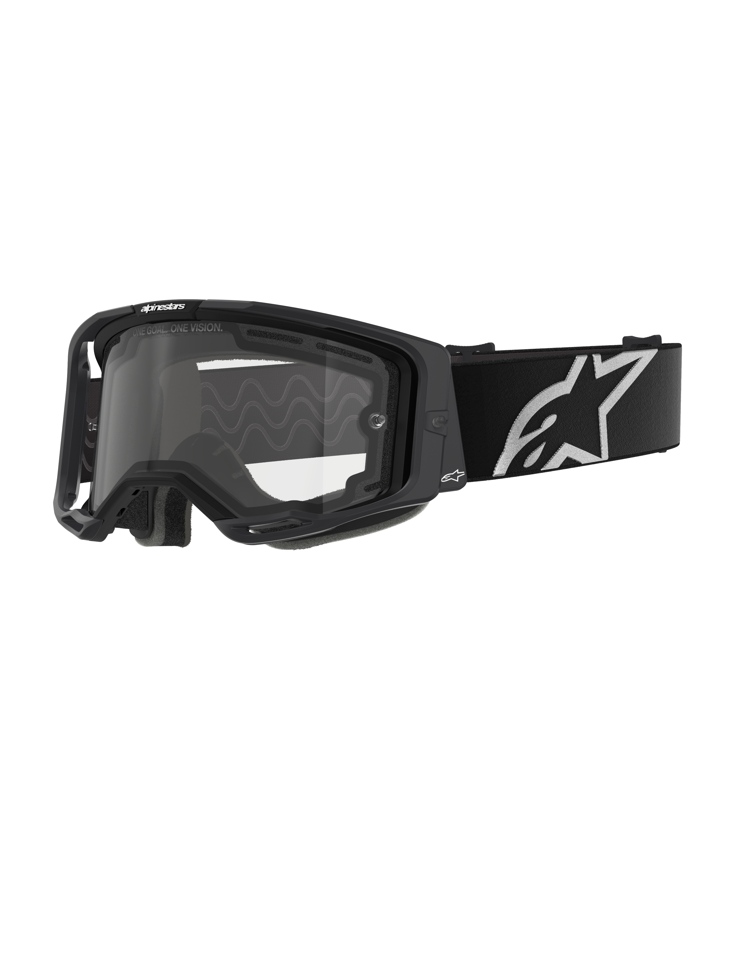 Occhiali Alpinestars Vision 8 Corp - Dual Pane, occhiali da motocross, montatura nera con lente doppia trasparente, ampia fascia nera con logo a stella Alpinestars bianco, design performante con porte di ventilazione per gare fuoristrada