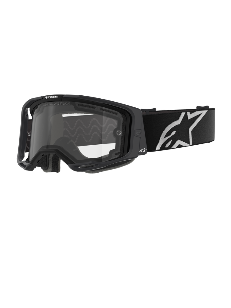 Occhiali Alpinestars Vision 8 Corp - Dual Pane, occhiali da motocross, montatura nera con lente doppia trasparente, ampia fascia nera con logo a stella Alpinestars bianco, design performante con porte di ventilazione per gare fuoristrada