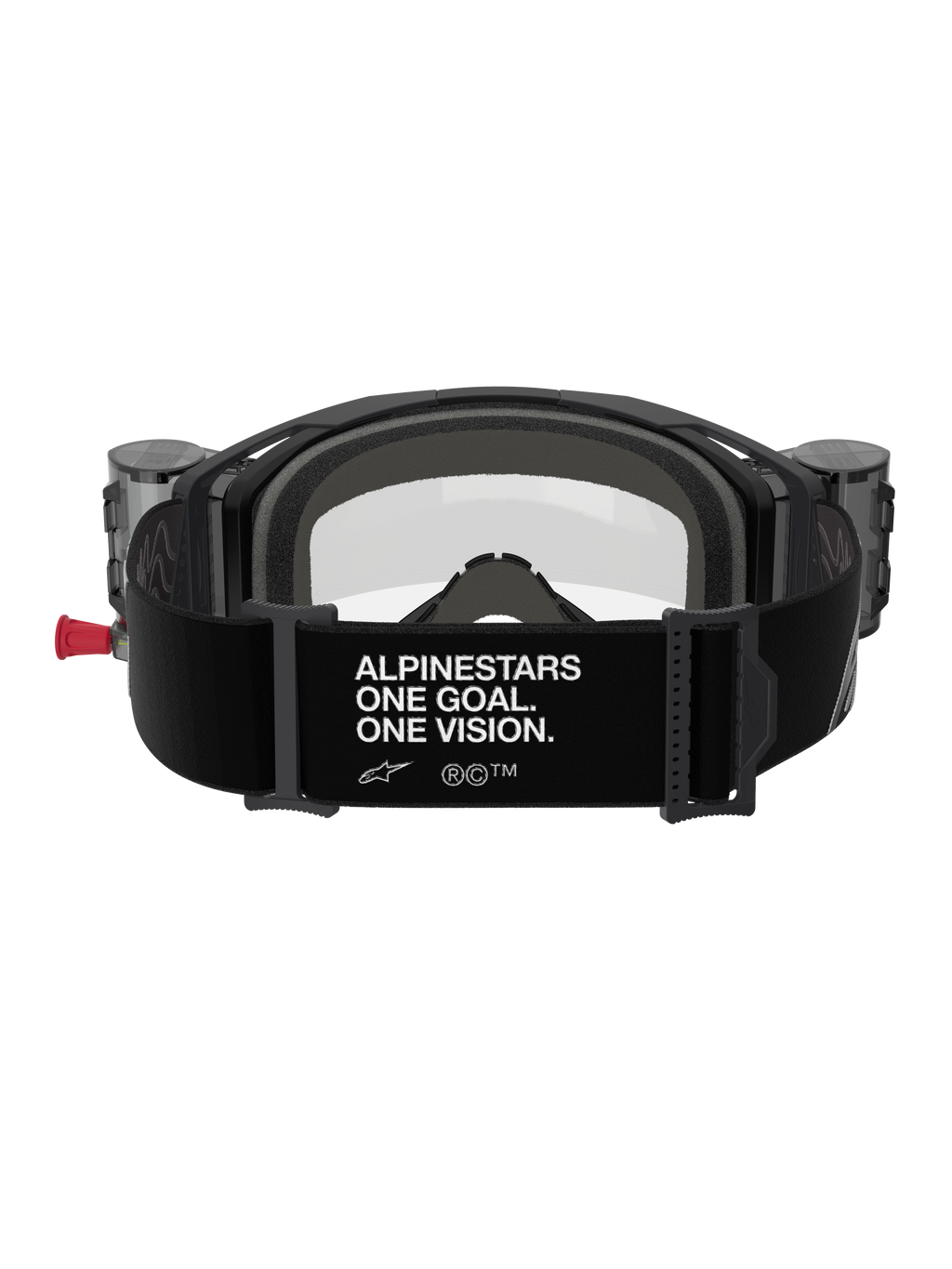 Alpinestars Vision 8 Corp Goggles Roll Off, vista posteriore, fascia nera con slogan bianco 'ALPINESTARS ONE GOAL. ONE VISION.', contenitori roll-off integrati, lente trasparente e imbottitura in schiuma per gare di motocross