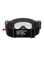 Alpinestars Vision 8 Corp Goggles Roll Off, vista posteriore, fascia nera con slogan bianco 'ALPINESTARS ONE GOAL. ONE VISION.', contenitori roll-off integrati, lente trasparente e imbottitura in schiuma per gare di motocross